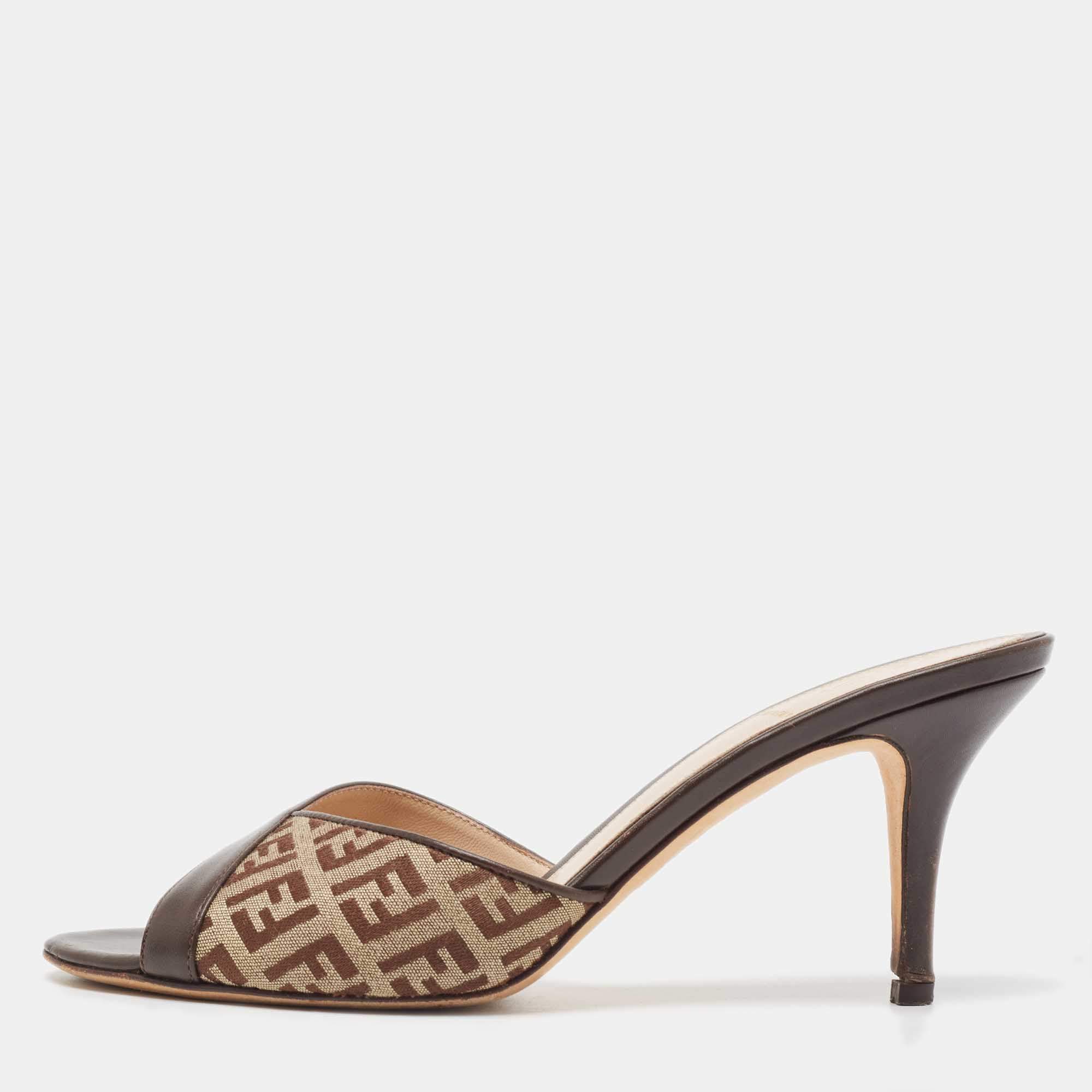 Fendi Brown Leather and Zucca Canvas Mules Size 37