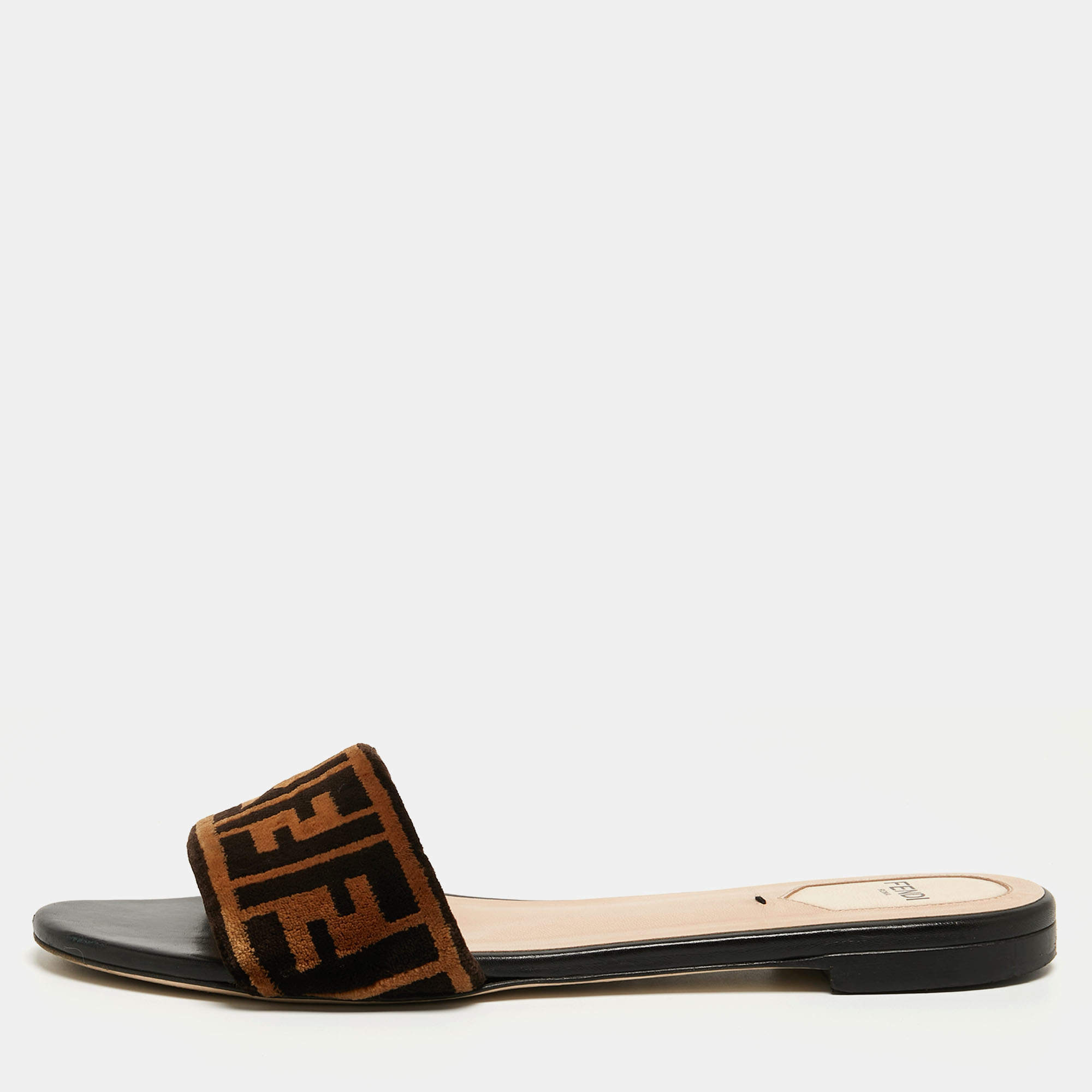 Fendi Two Tone Zucca Velvet Flat Slides Size 40