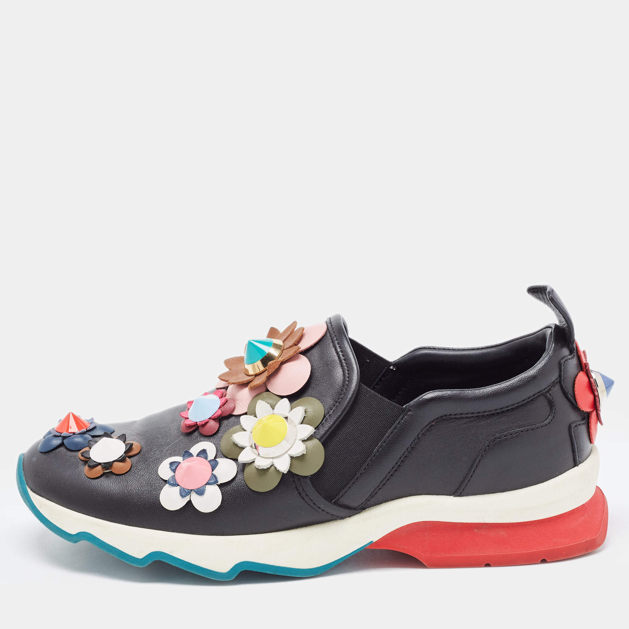 Pre Owned Fendi Black Leather Flowerland Embellished Slip On Sneakers Size 35