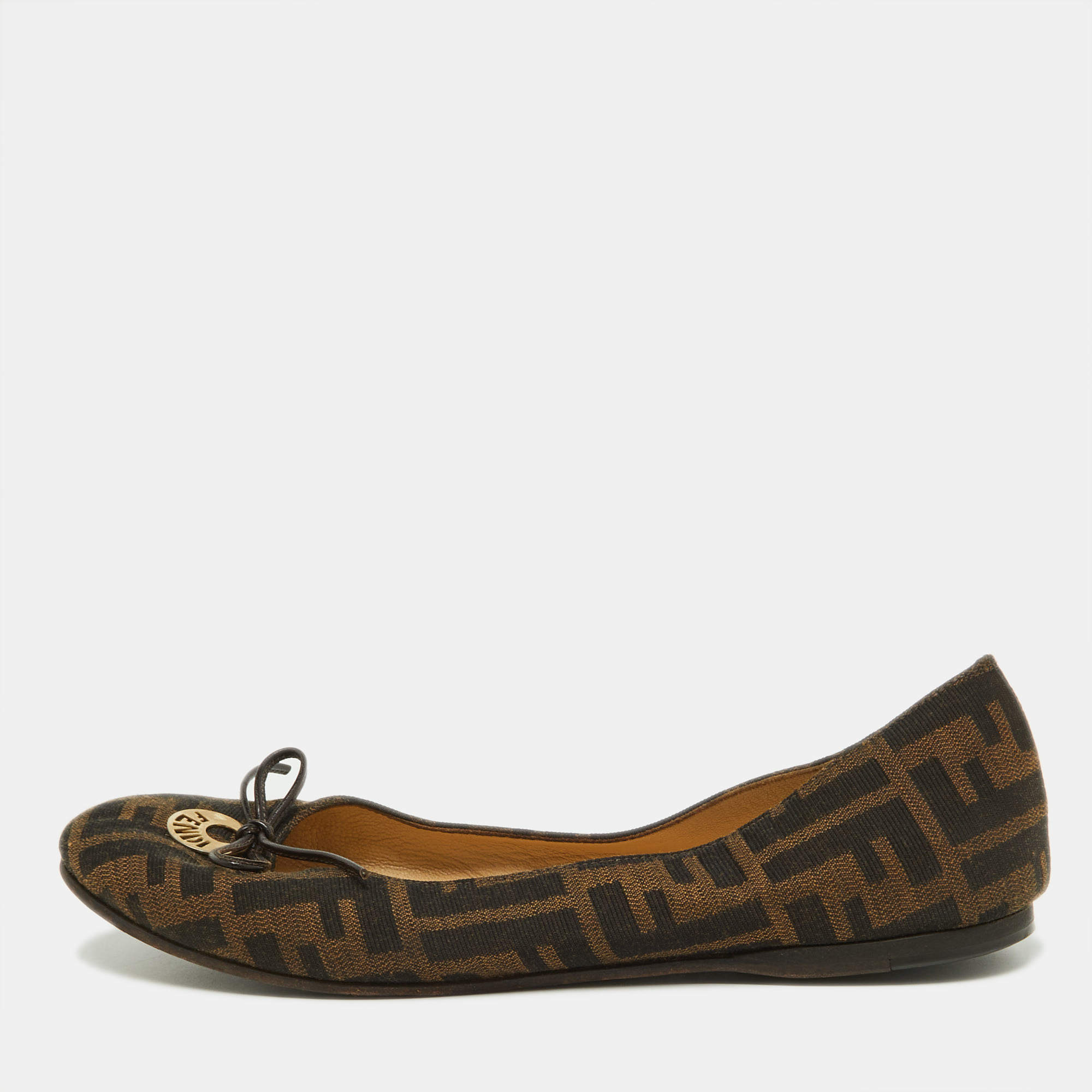 Pre Owned Fendi Tobacco Zucca Canvas Logo Bow Ballet Flats Size 38