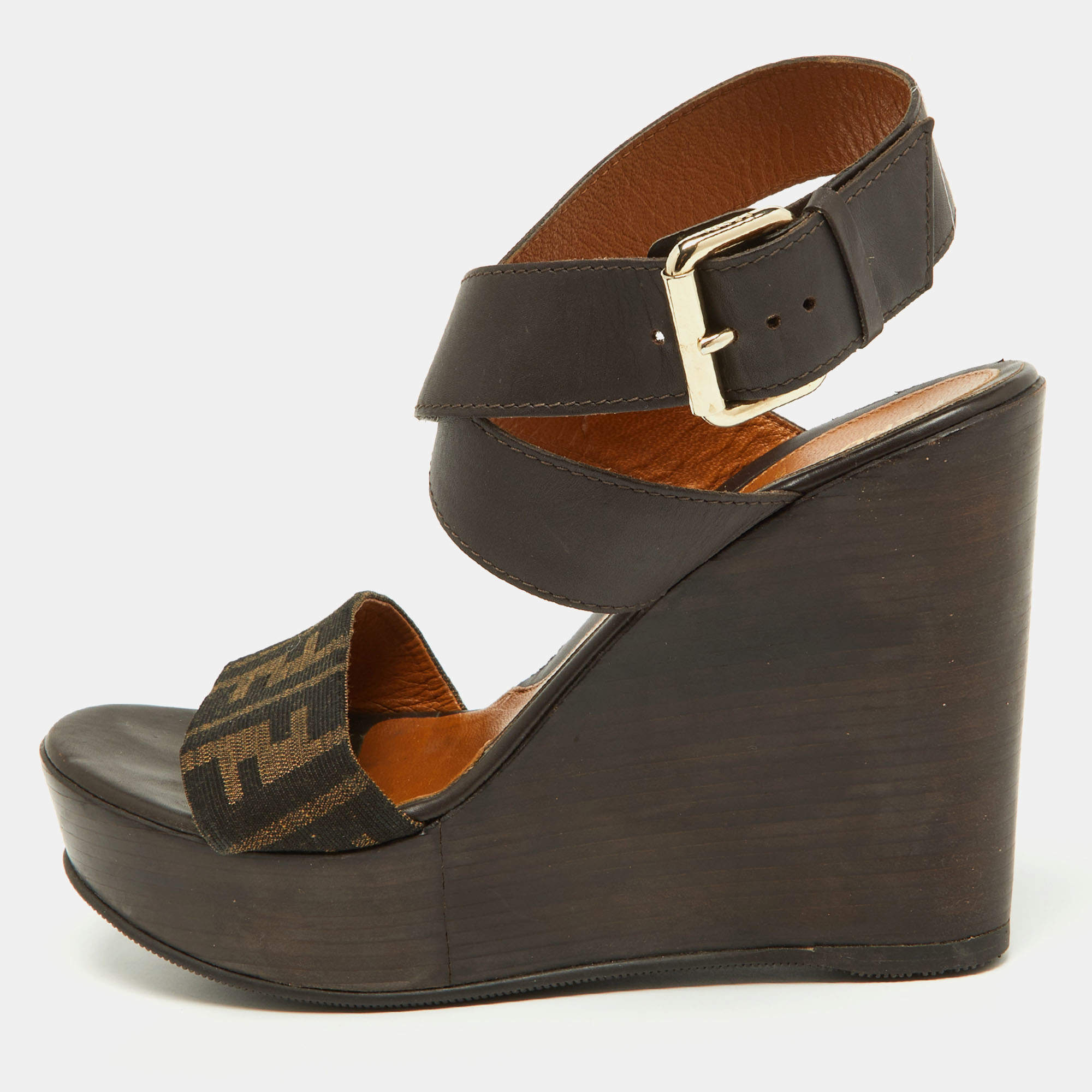 Fendi Brown Zucca Canvas and Leather Ankle Strap Wedge Sandals