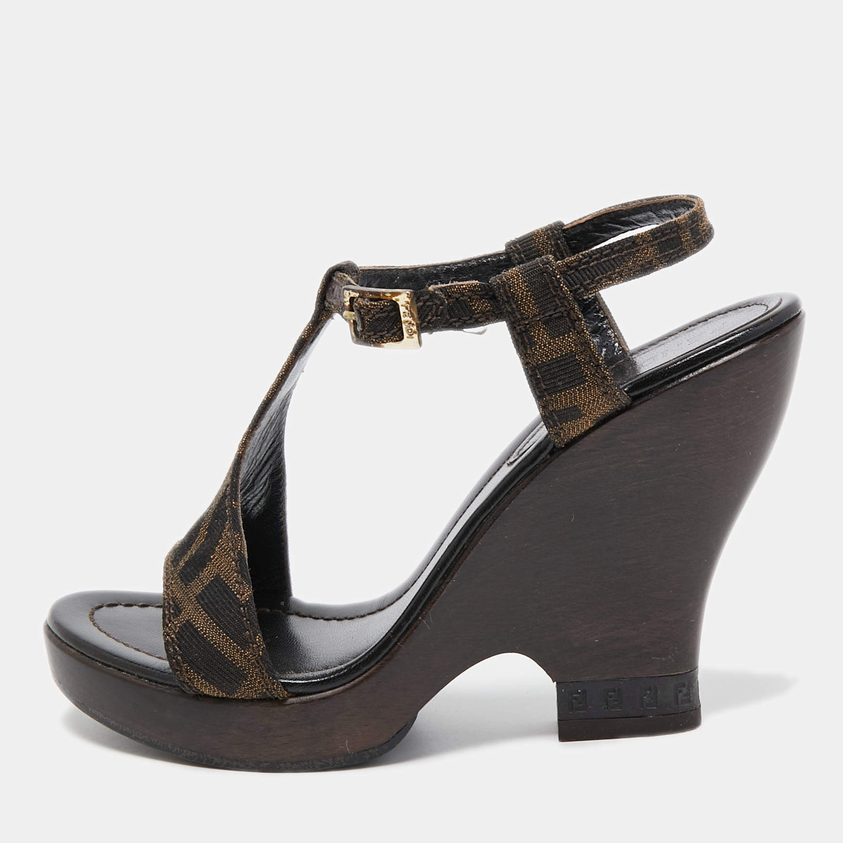 Pre Owned Fendi Brown Canvas FF Block Heel Sandals Size 36.5