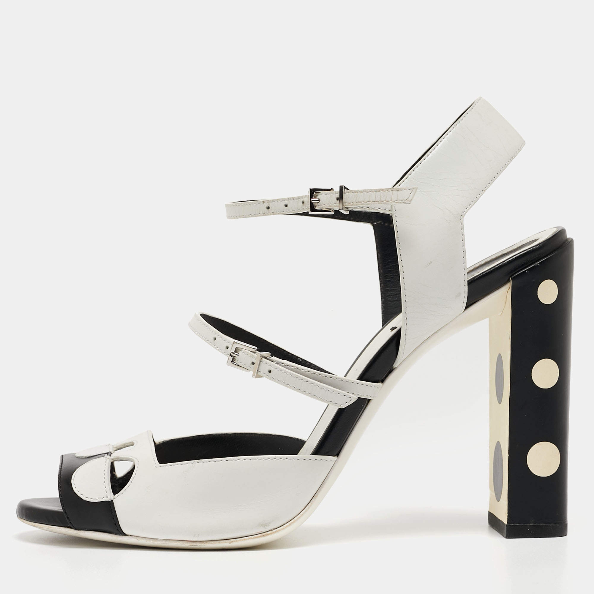 Pre Owned Fendi Black/White Leather Ankle Strap Sandals Size 38.5