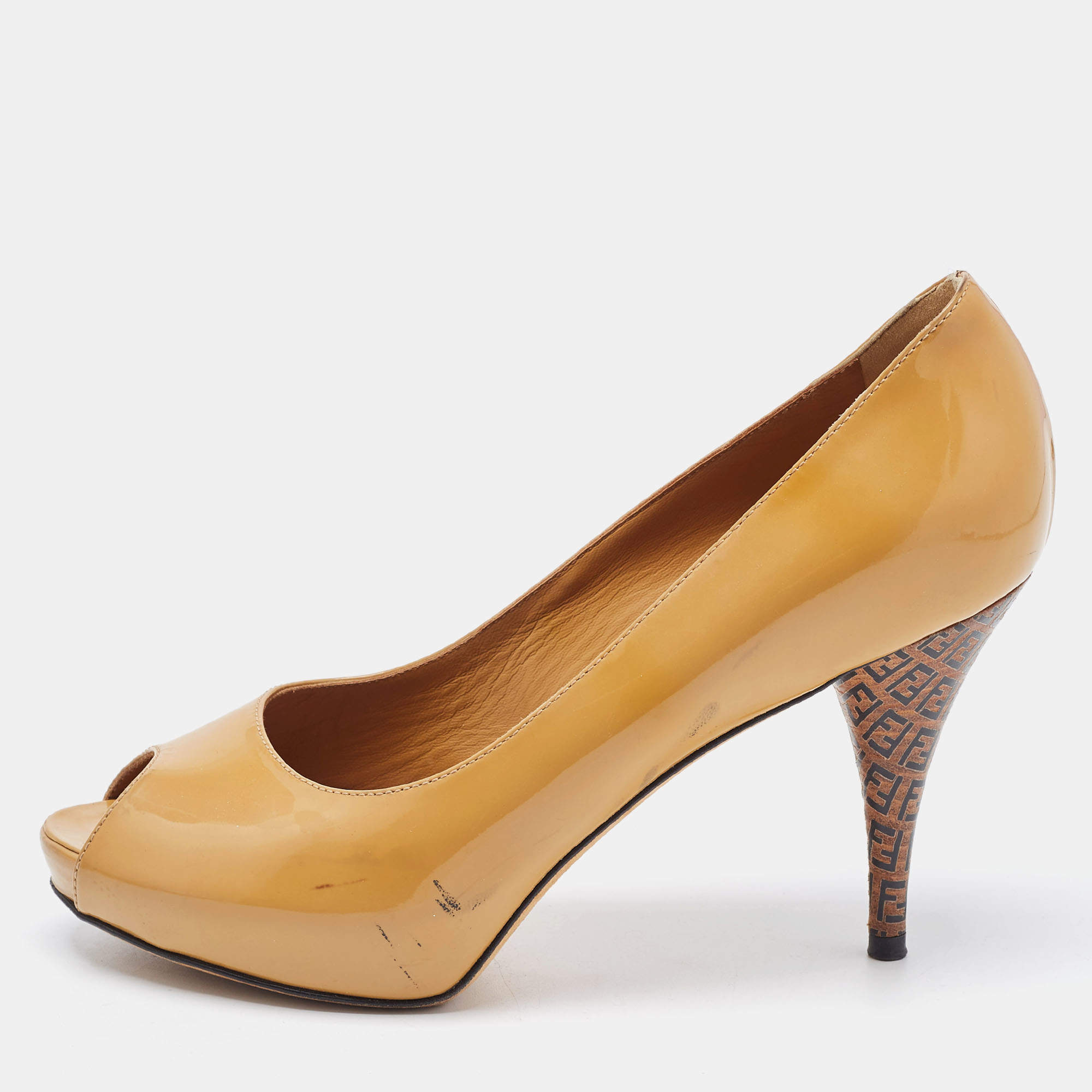 Fendi Beige Patent Leather Zucca Heel Peep Toe Pumps Size 37