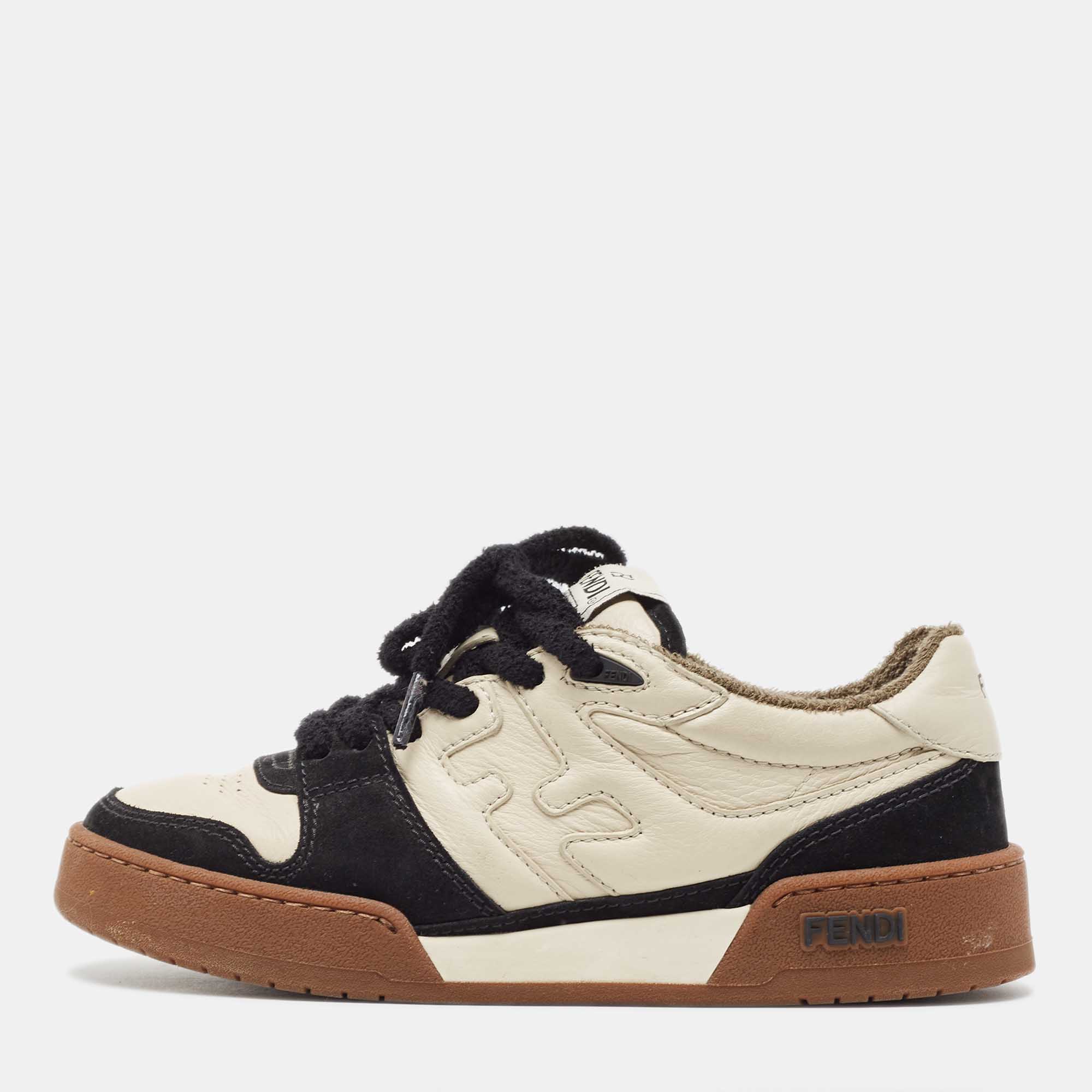 Pre Owned Fendi Cream/Black Suede and Leather Low Top Sneakers Size  36