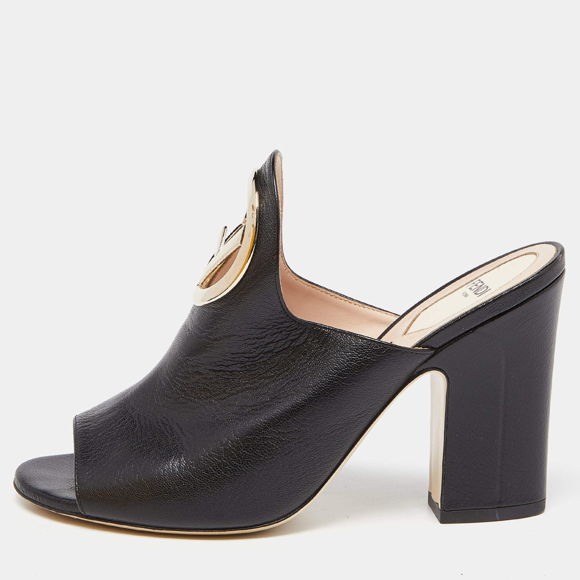 Pre Owned Fendi Black Leather Open Toe Mules Size 38