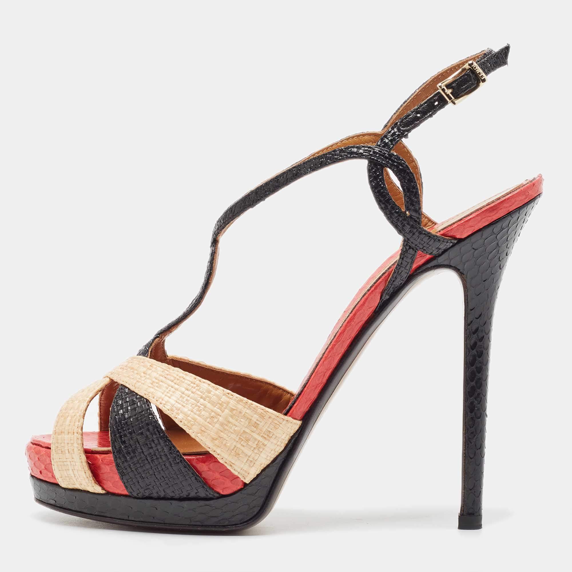 مملوكة مسبقًا Fendi Tri Color Raffia and Snakeskin Strappy Slingback Platform Sandals Size 38