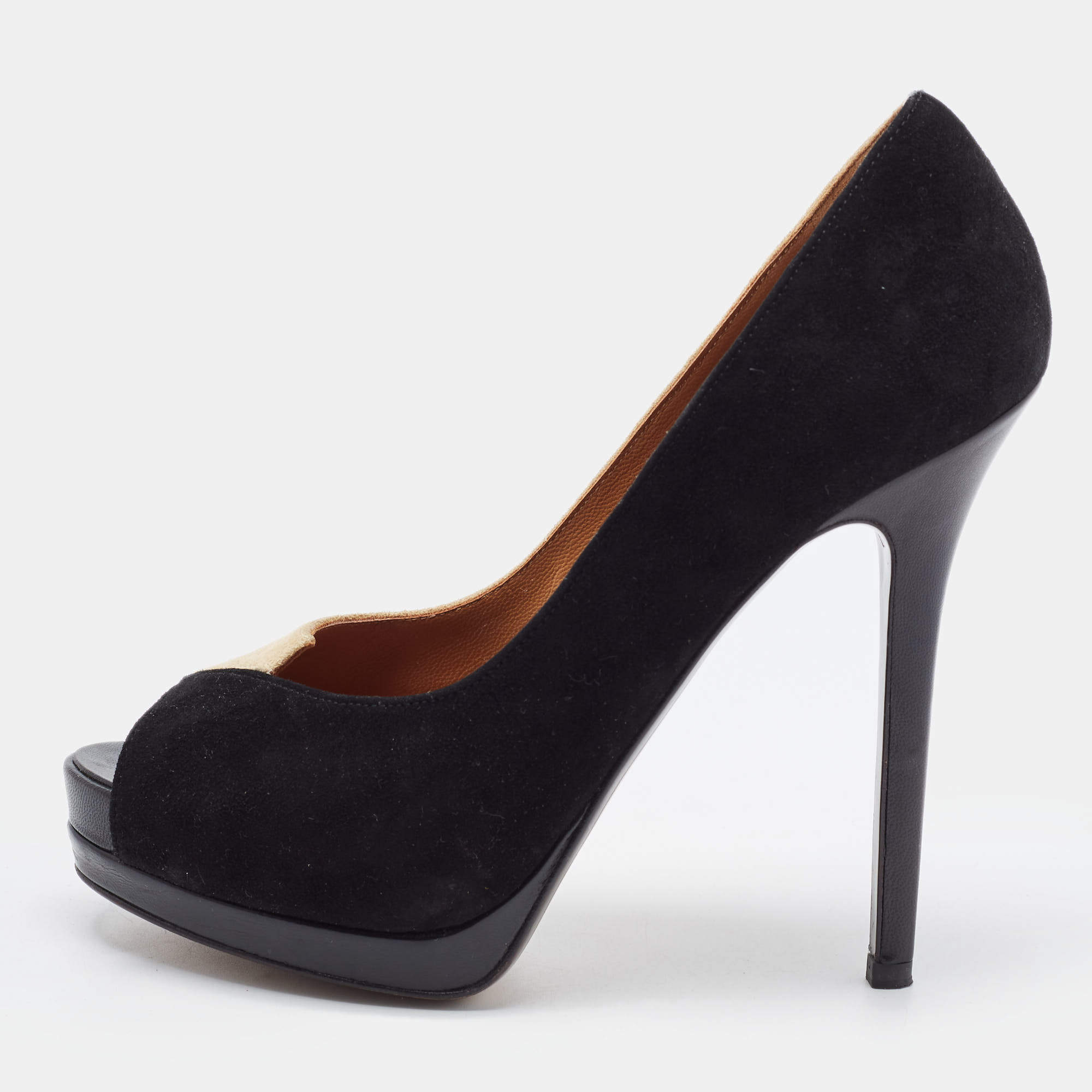 Pre Owned Fendi Black/Beige Suede Peep Toe Platform Pumps Size 38