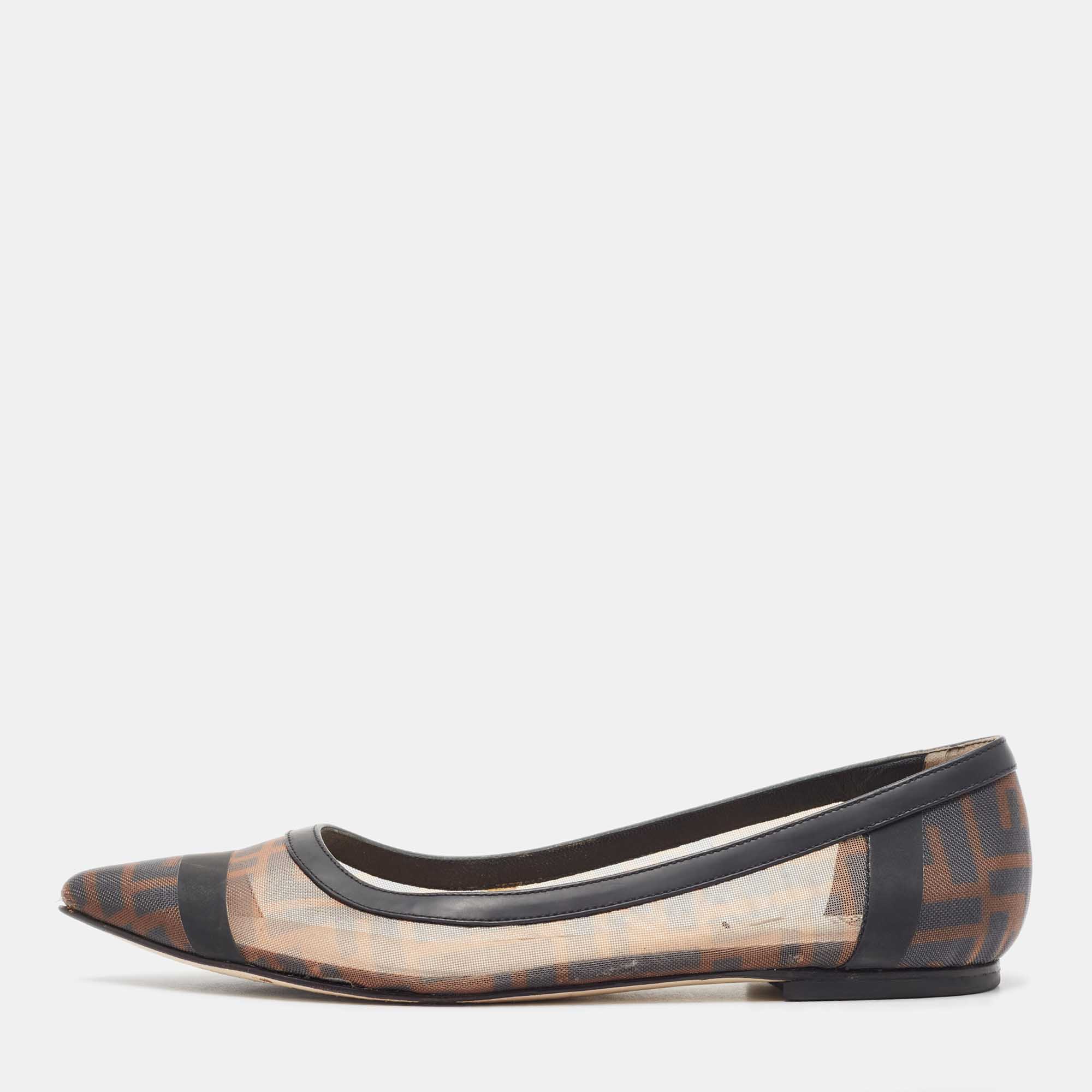 Pre Owned Fendi Beige/Brown Mesh and Leather Colibri Ballet Flats Size 38