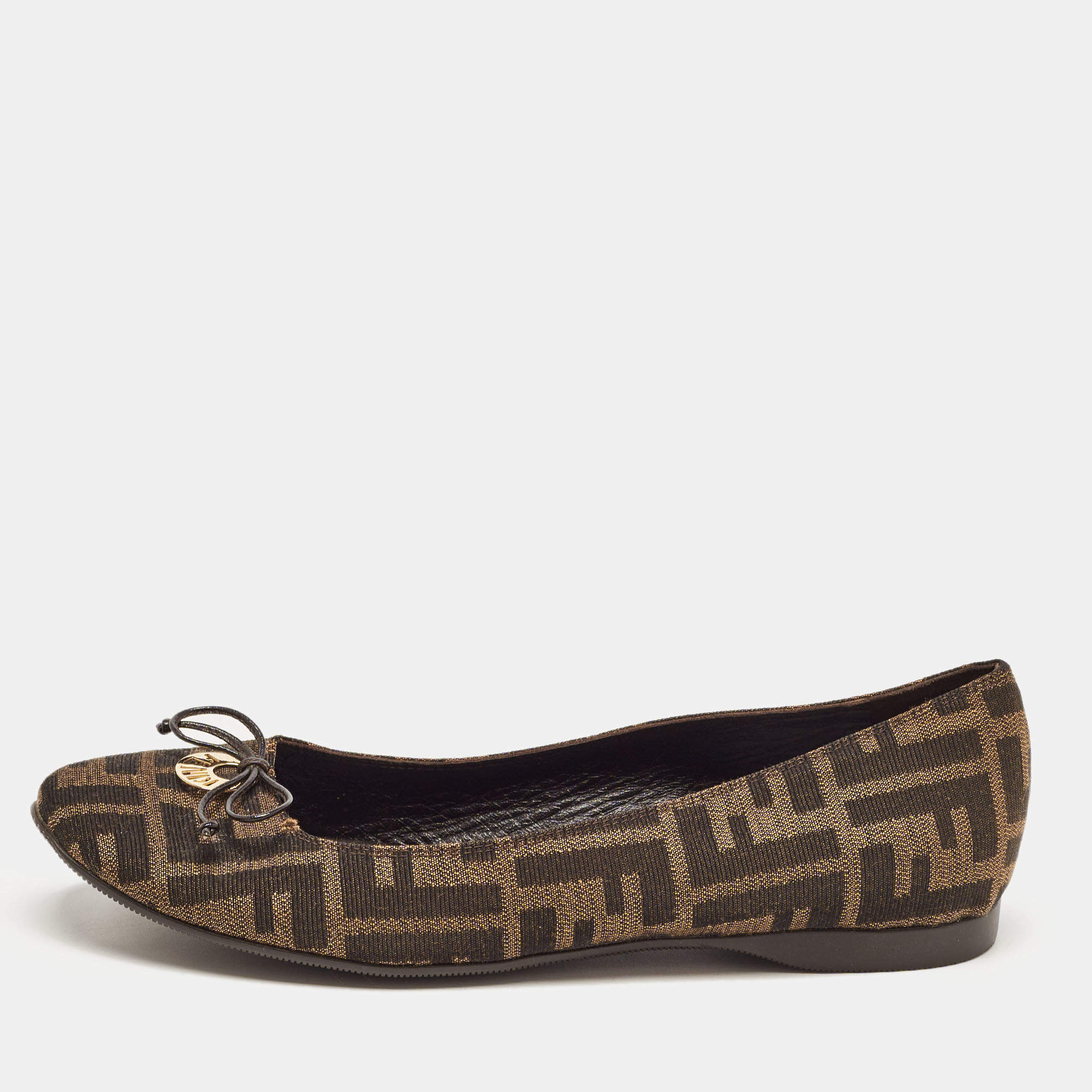 Pre Owned Fendi Brown Zucca Canvas Logo Bow Ballet Flats Size 39