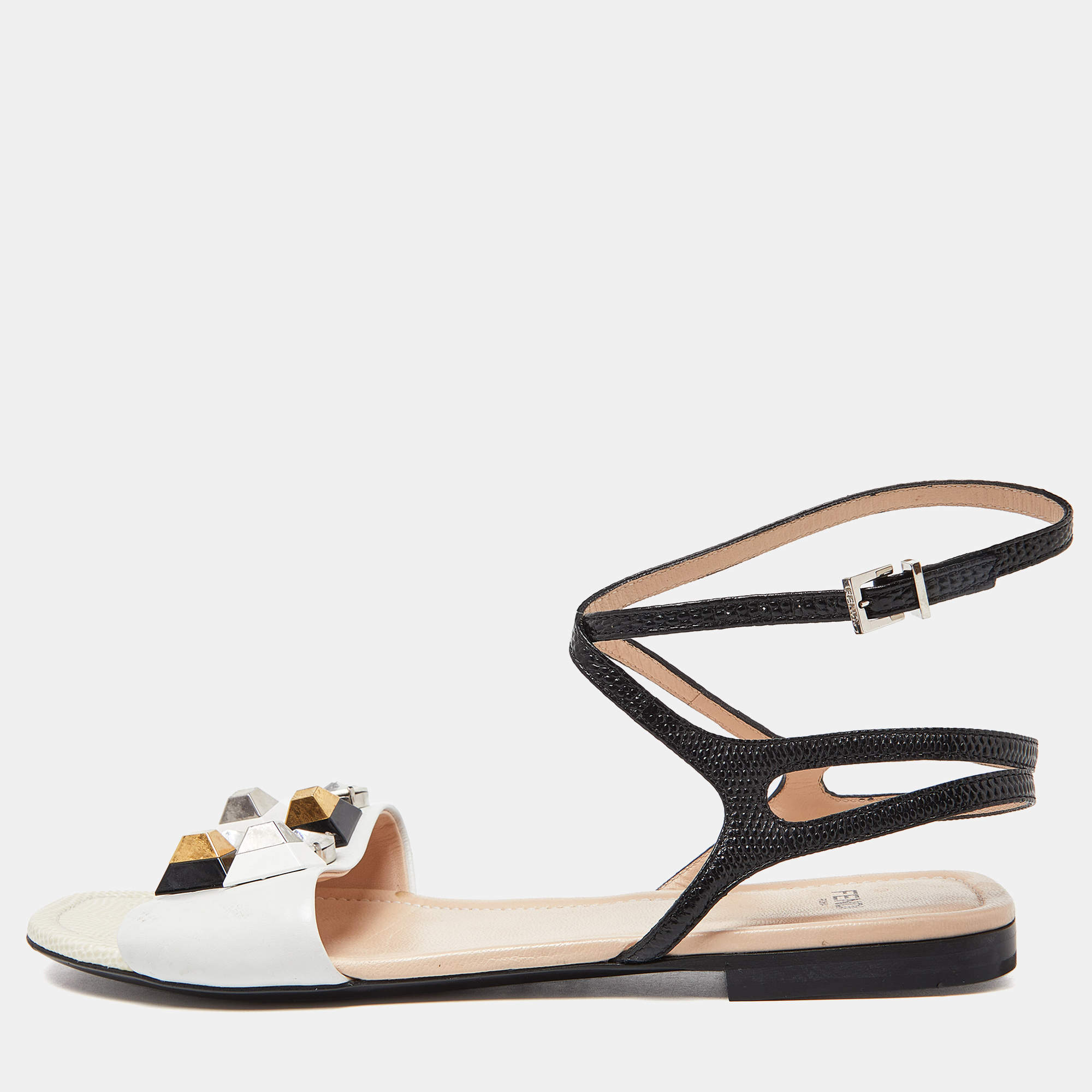Fendi Tri Color Studded Leather and Lizard Embossed Flat Ankle Strap Sandals Size 39