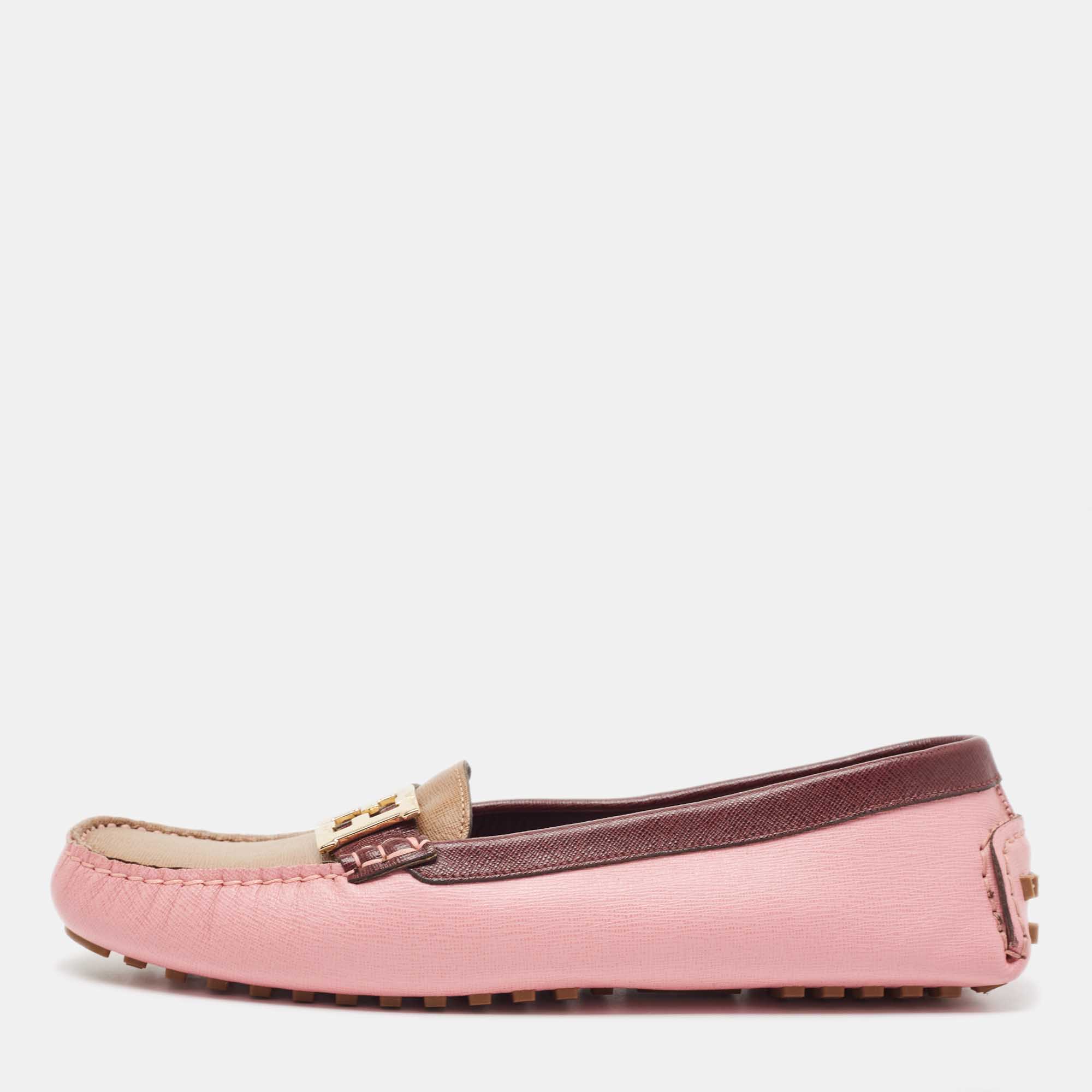 Pre Owned Fendi Tricolor Leather FF Buckle Loafers Size 41