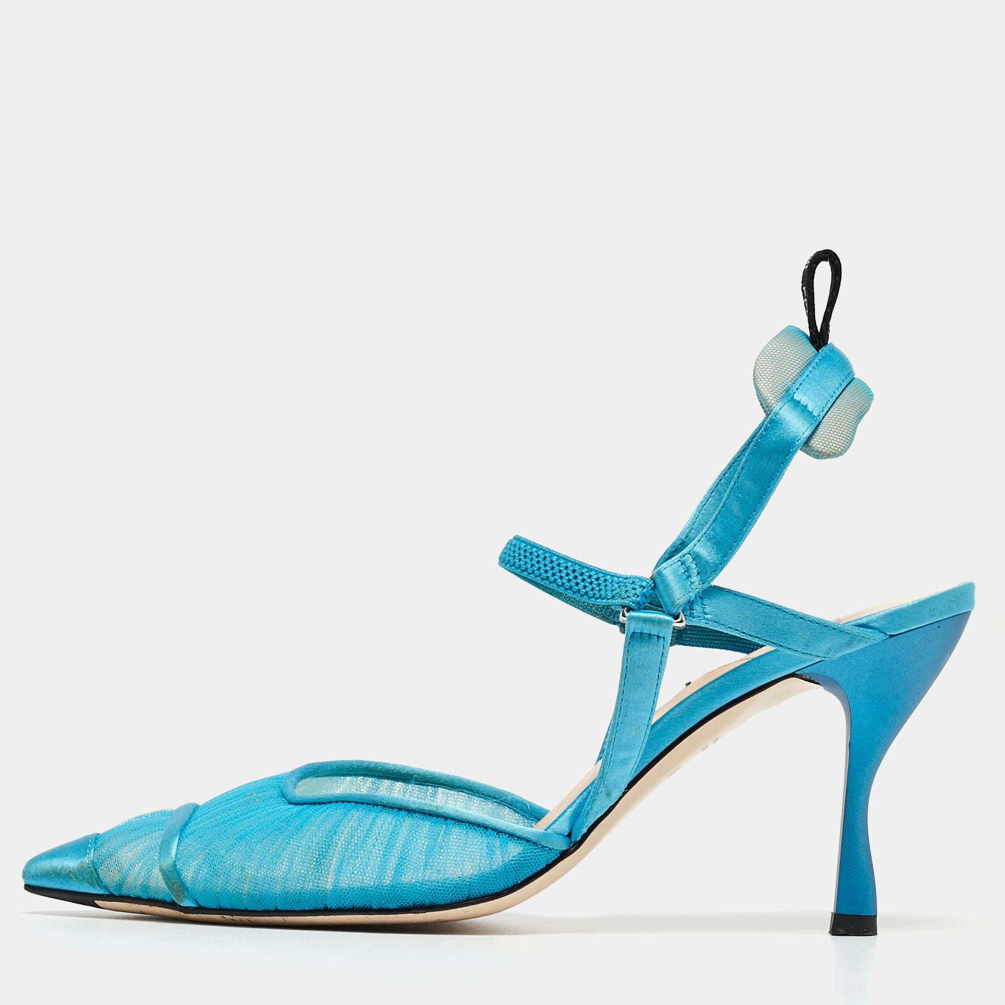 Pre Owned Fendi Blue Satin and Tulle Fabric Colibri Slingback Pumps Size 38
