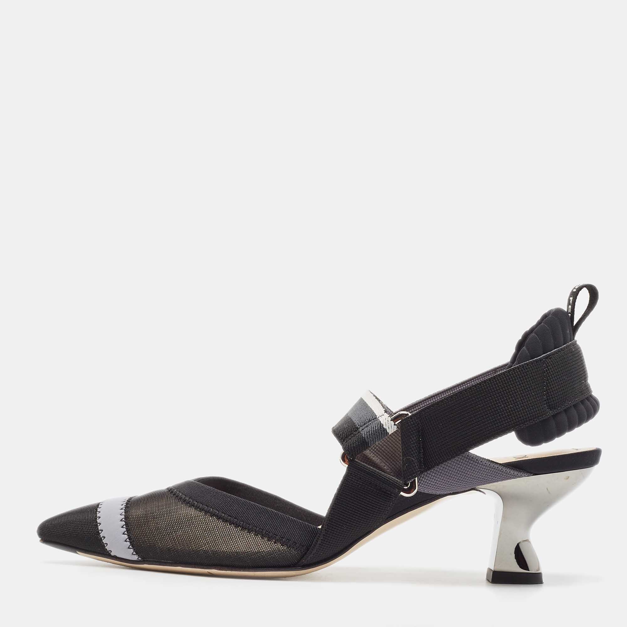 Pre Owned Fendi Black/White Mesh and Canvas Colibri Slingback Pumps Size 36.5