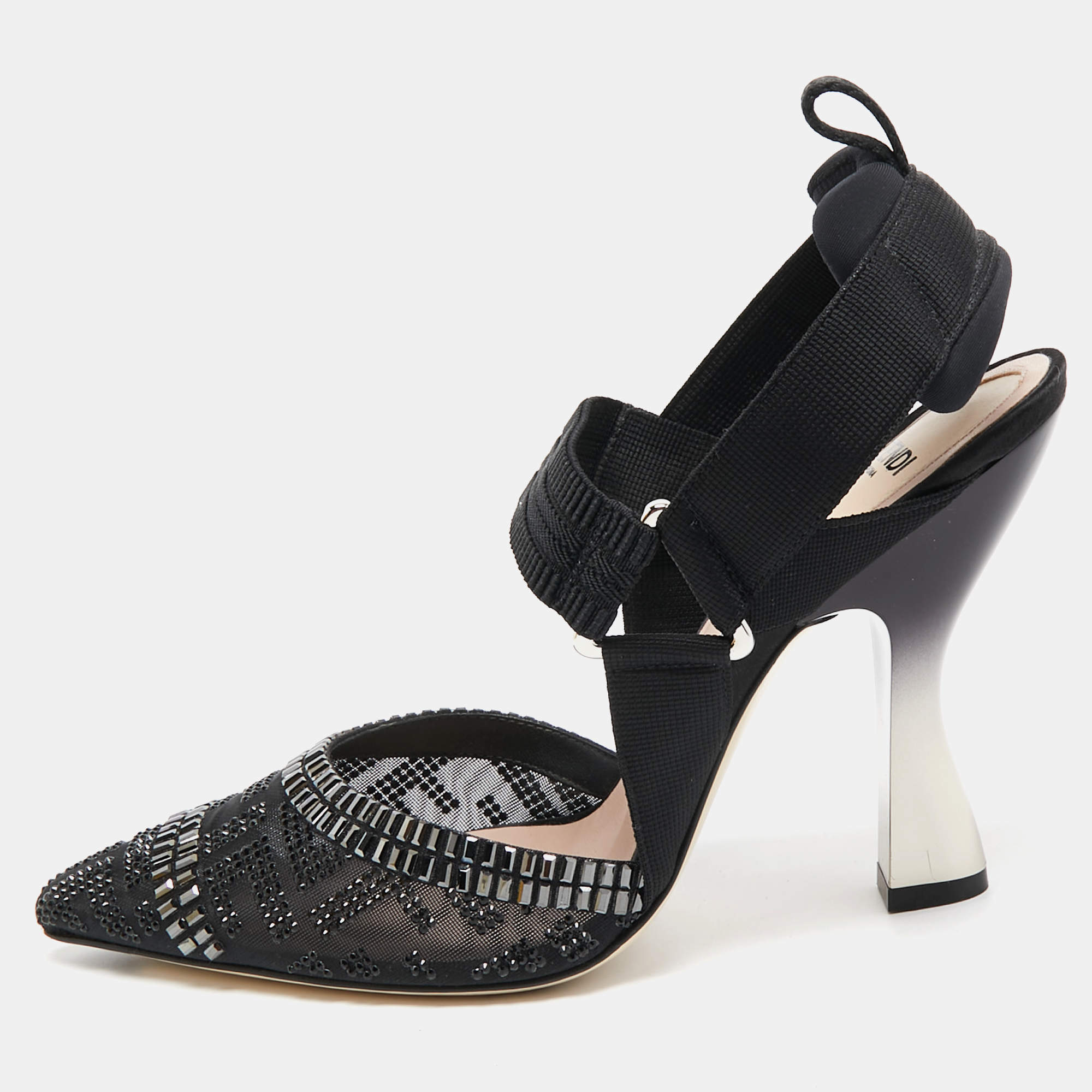 Pre Owned Fendi Black Embellished Mesh And Nylon Colibri Slingback Sandals Size 38