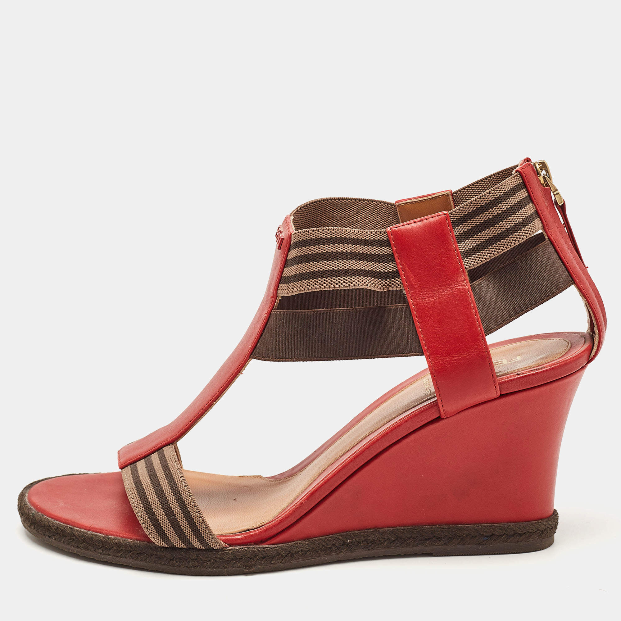 Fendi Red/Brown Leather and Elastic T-Strap Espadrille Wedge Sandals Size 39