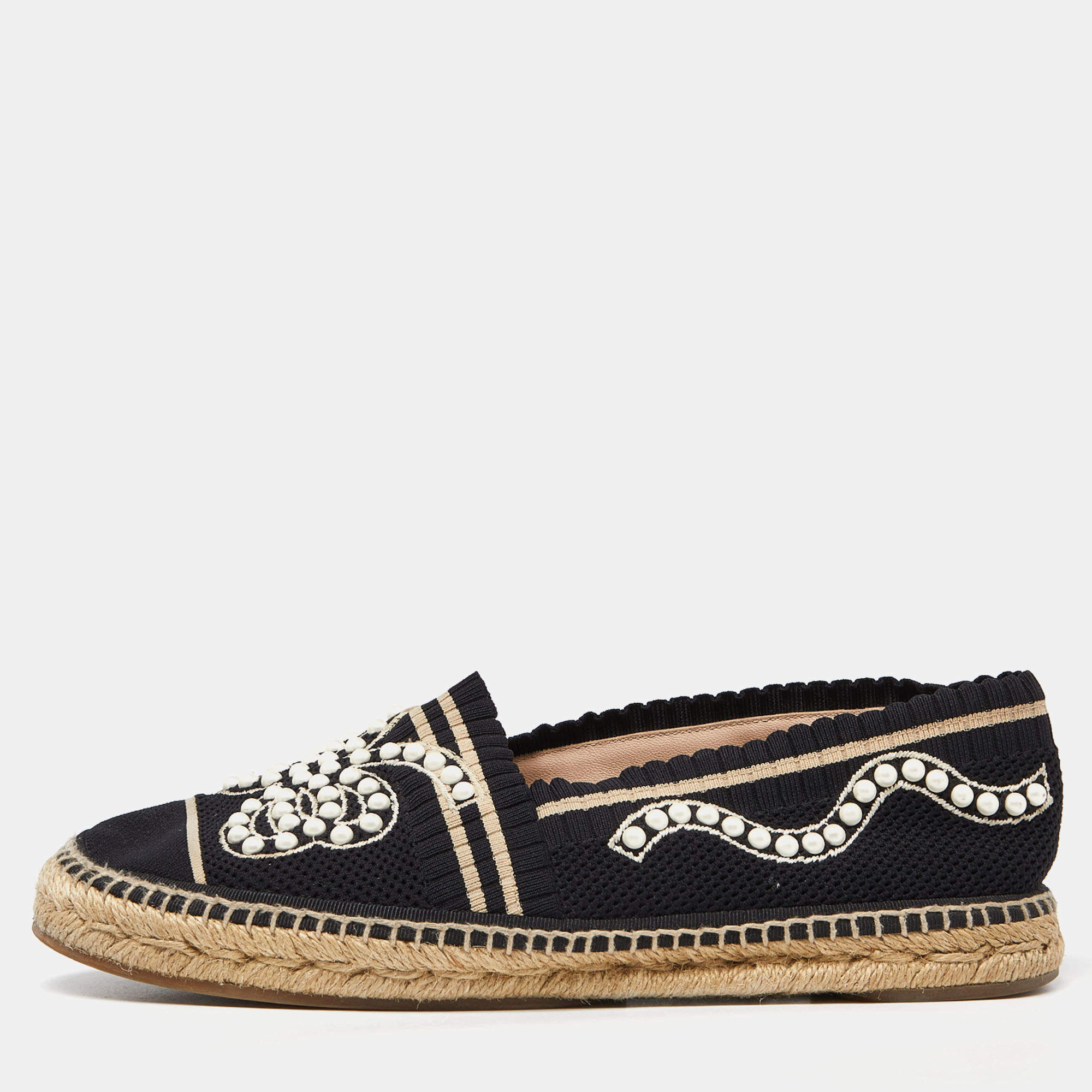 Pre Owned Fendi Black/Beige Knit Fabric Pearl Embellished Espadrille Flats Size 41