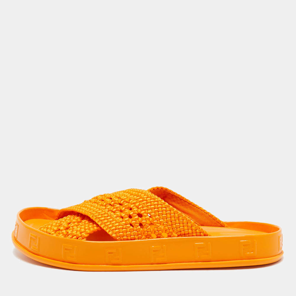 Fendi Orange Woven Fabric FF Reflection Slides Size 39