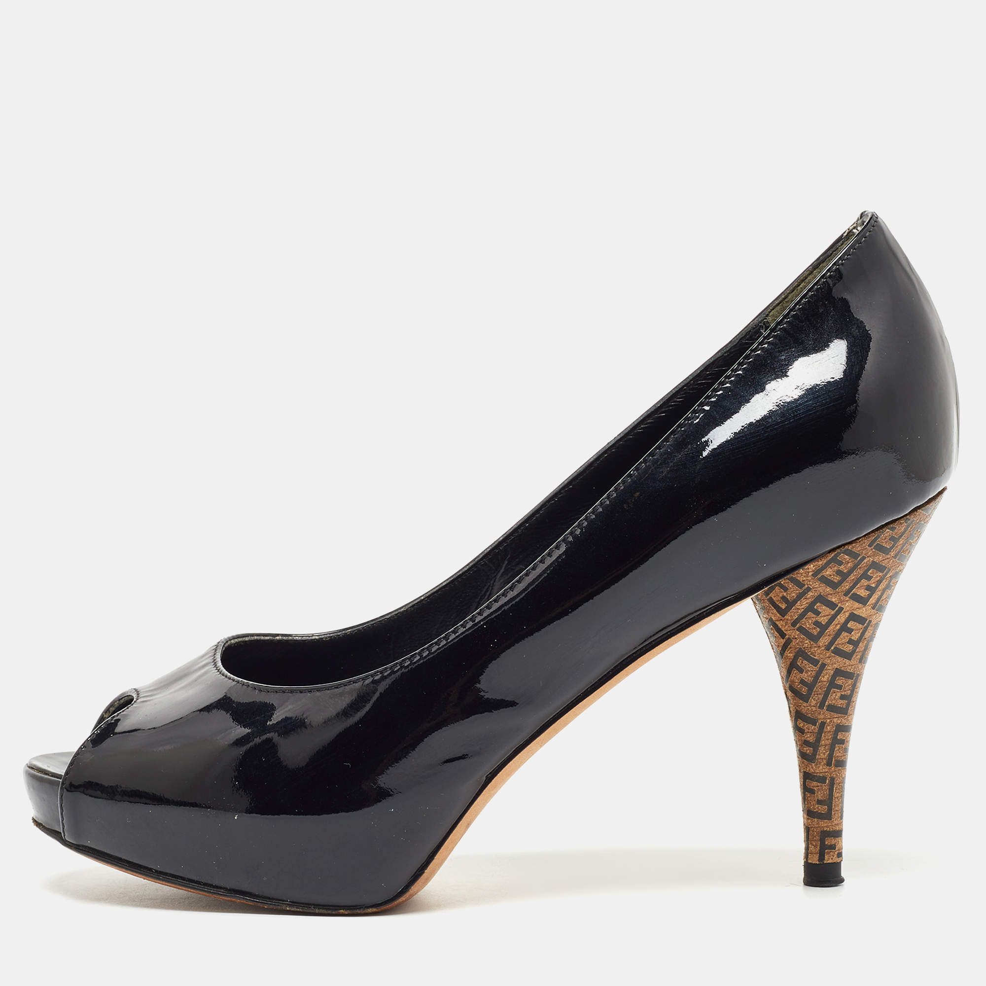 Fendi Black Patent Leather FF Heels Peep Toe Platform Pumps Size 35.5
