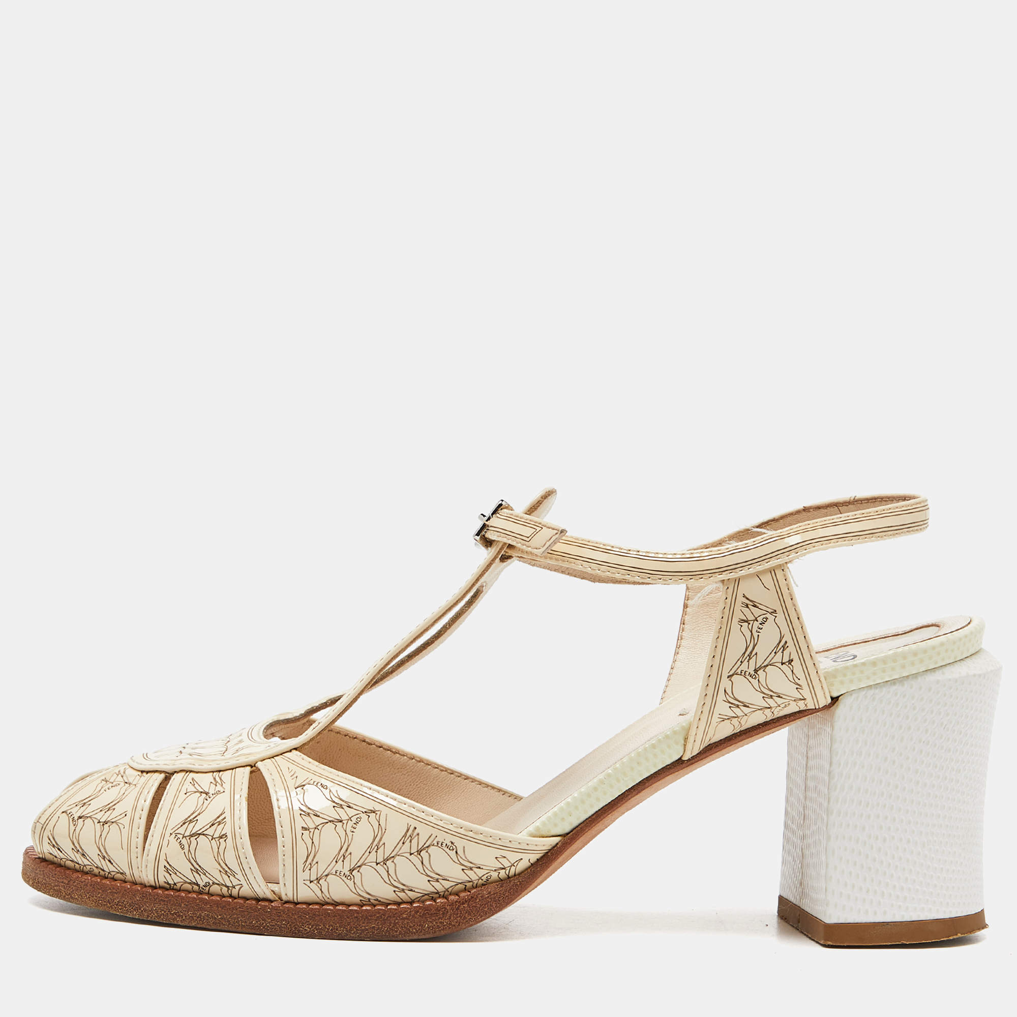 Pre Owned Fendi Beige Leather and Patent Leather Open Toe Block Heel Ankle Strap Sandals Size 38