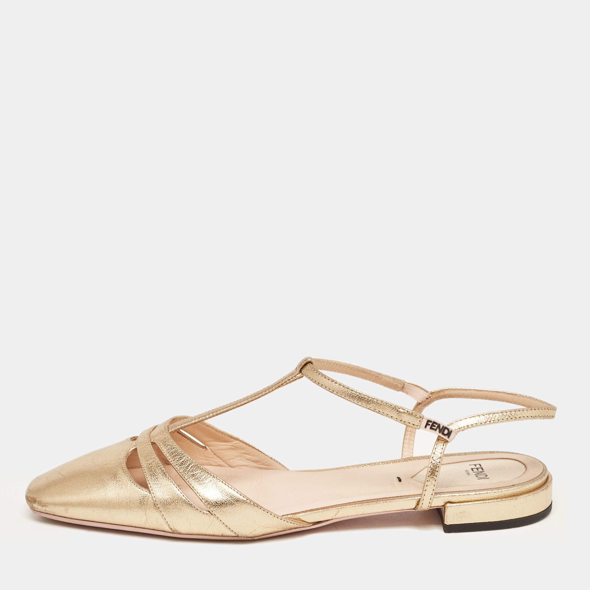 Pre Owned Fendi Gold Leather T-Strap Flat Sandals Size 38