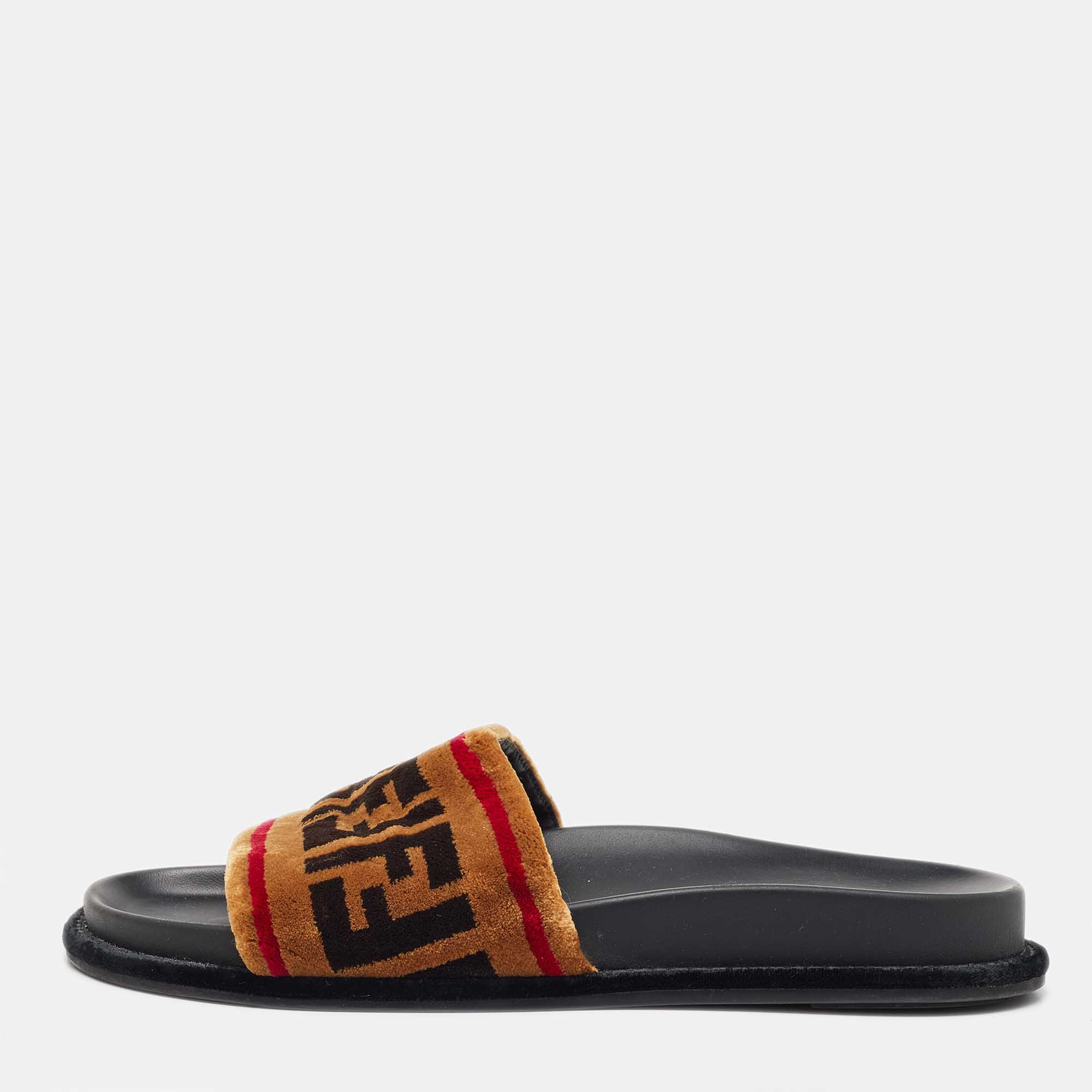 Pre Owned Fendi Tricolor Zucca Velvet Flat Slides Size 39