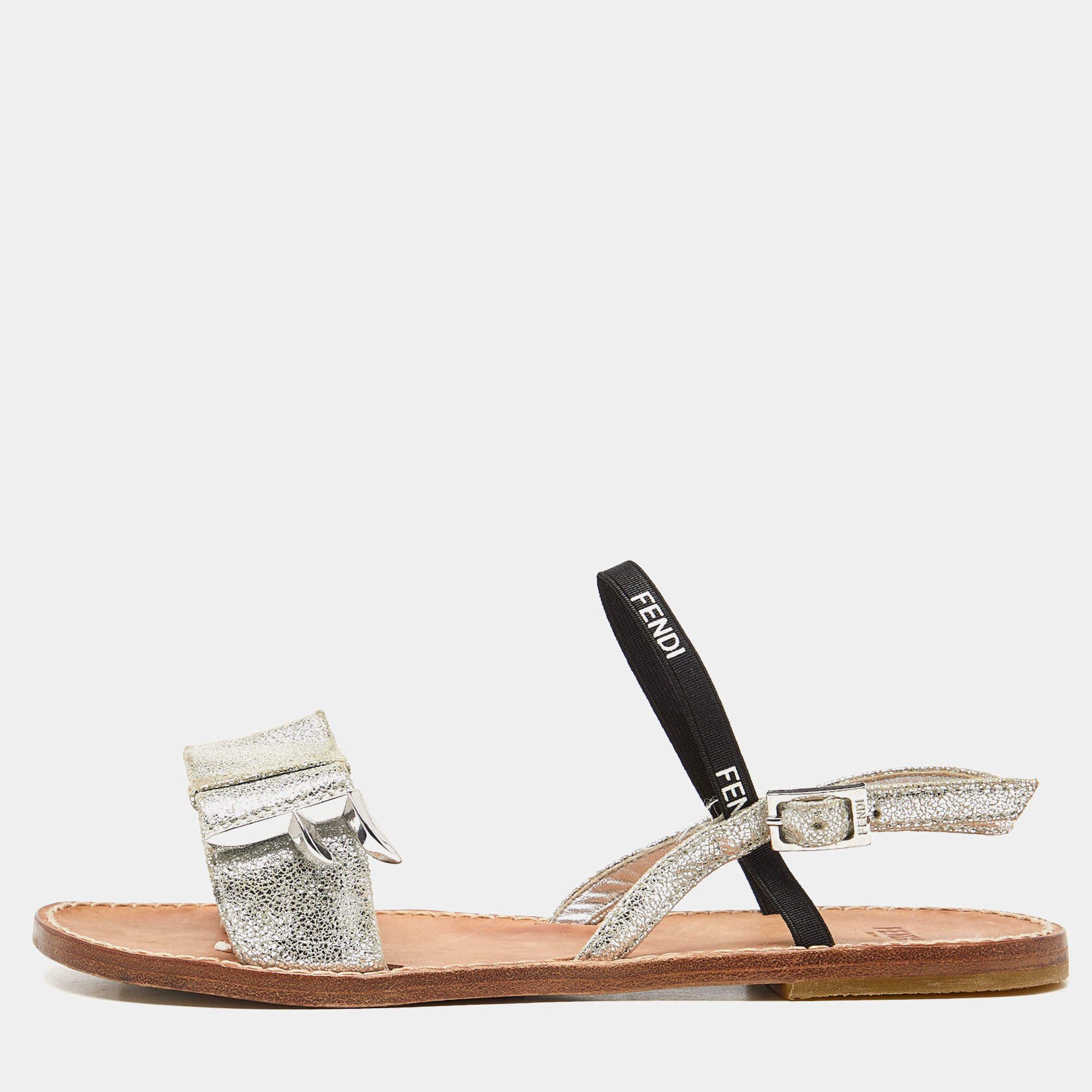 Pre Owned Fendi Silver/Black Textured Suede and Logo Elastic Flat Sandals Size 36