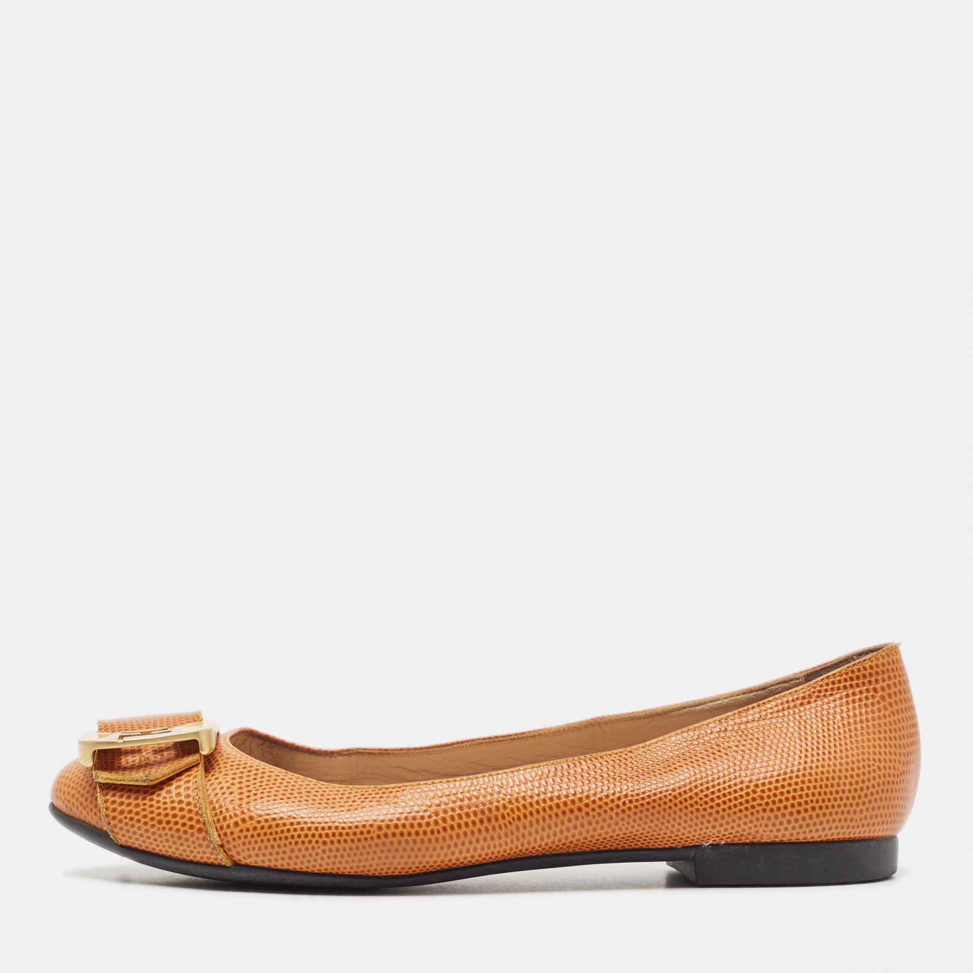 Pre Owned Fendi Brown Lizard Embossed Leather Buckle Detail Ballet Flats Size 39