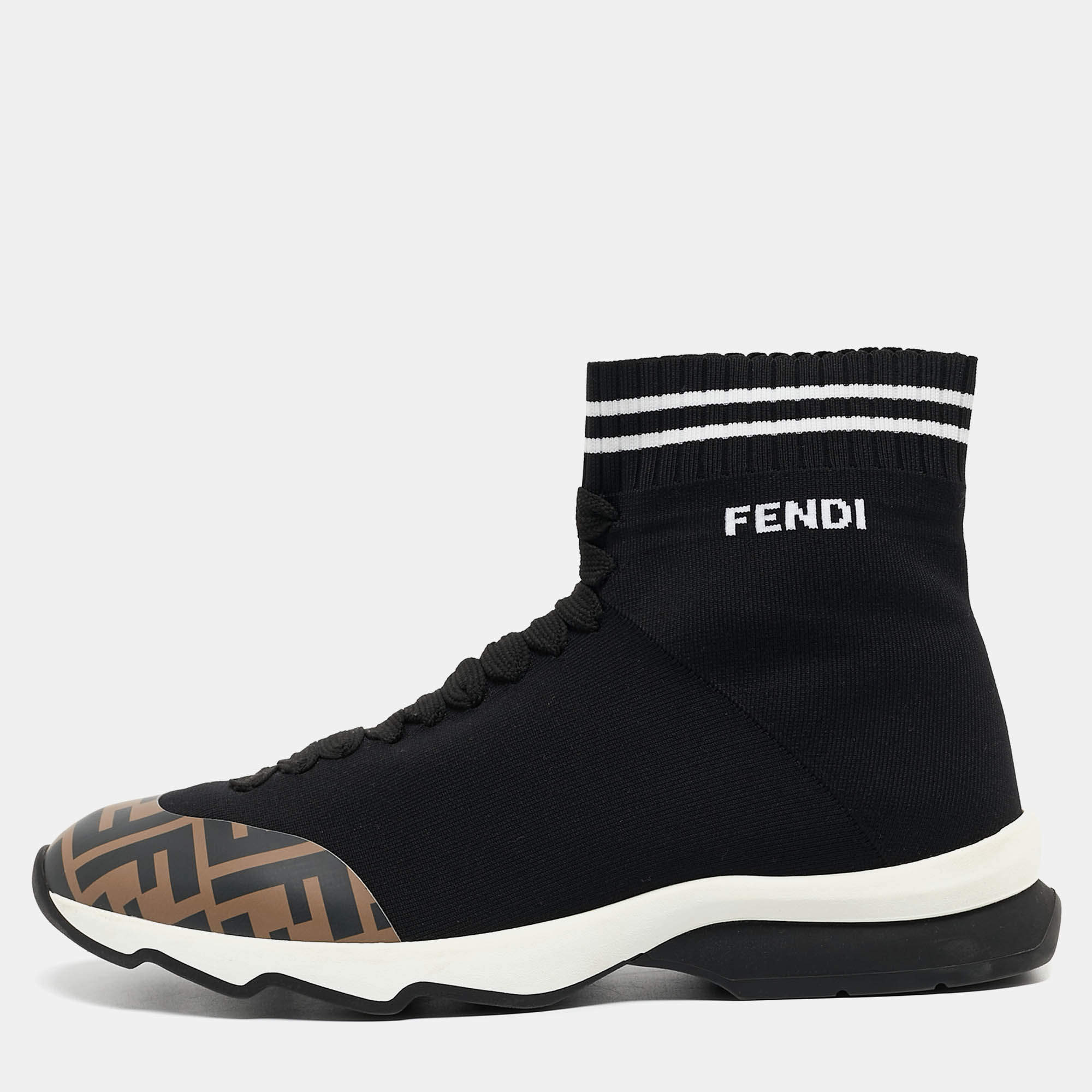 Pre Owned Fendi Black/Brown Knit Fabric and Canvas Sock High Top  Sneakers Size 40