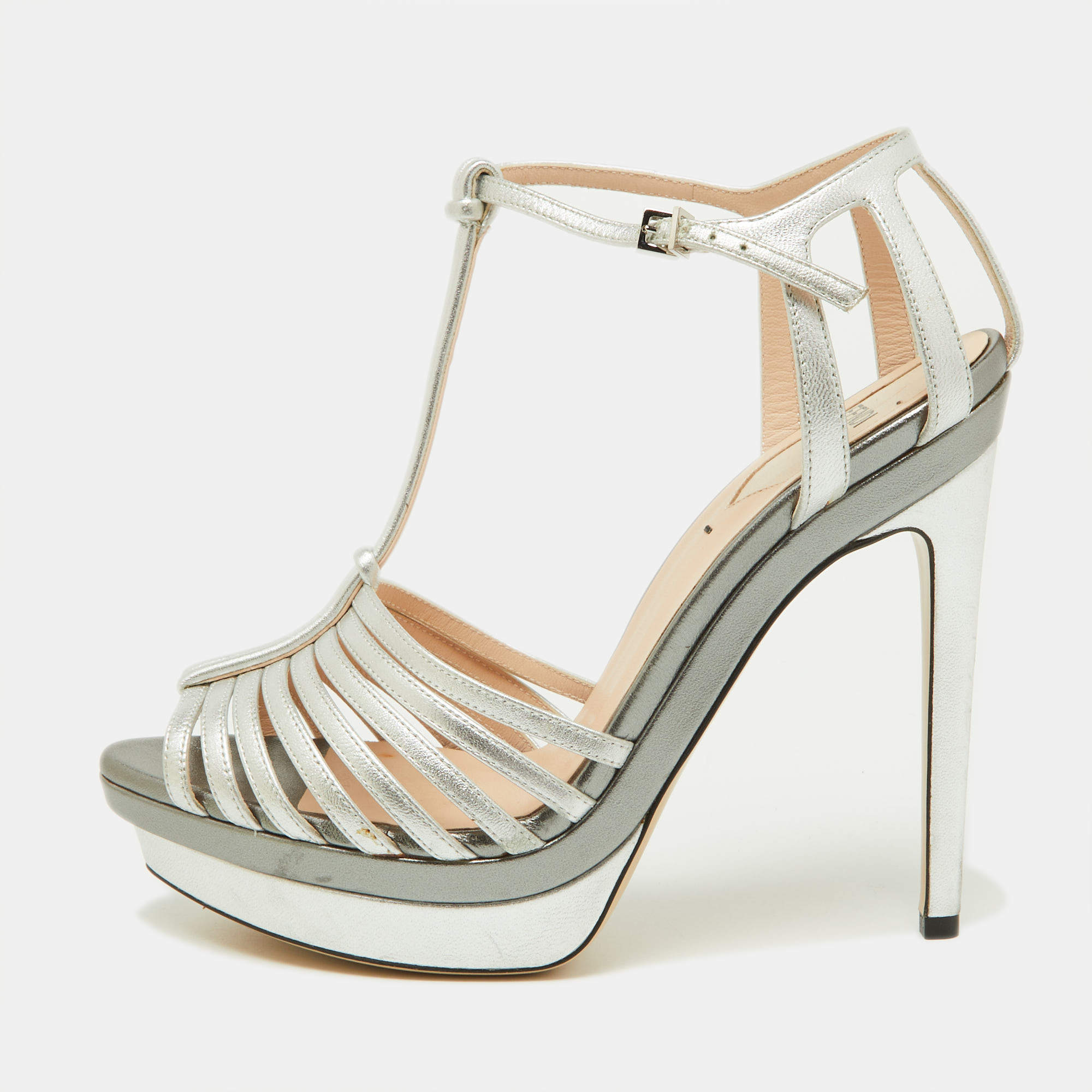 Fendi Silver Leather Strappy T-Bar Platform Sandals Size 37