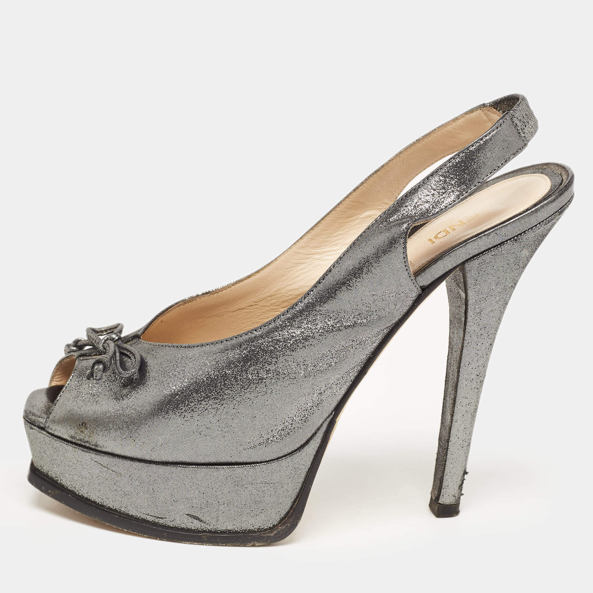 Fendi Grey Fabric Fendista Bow Peep Toe Slingback Platform Pumps Size 40