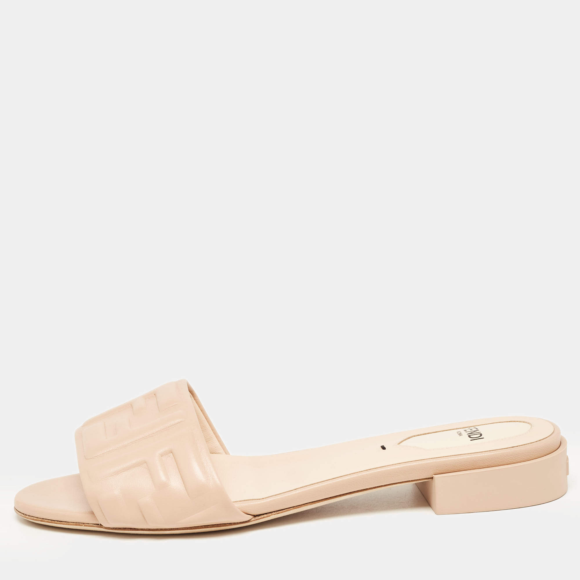 Fendi Pink Leather FF Embossed Slides Size 37
