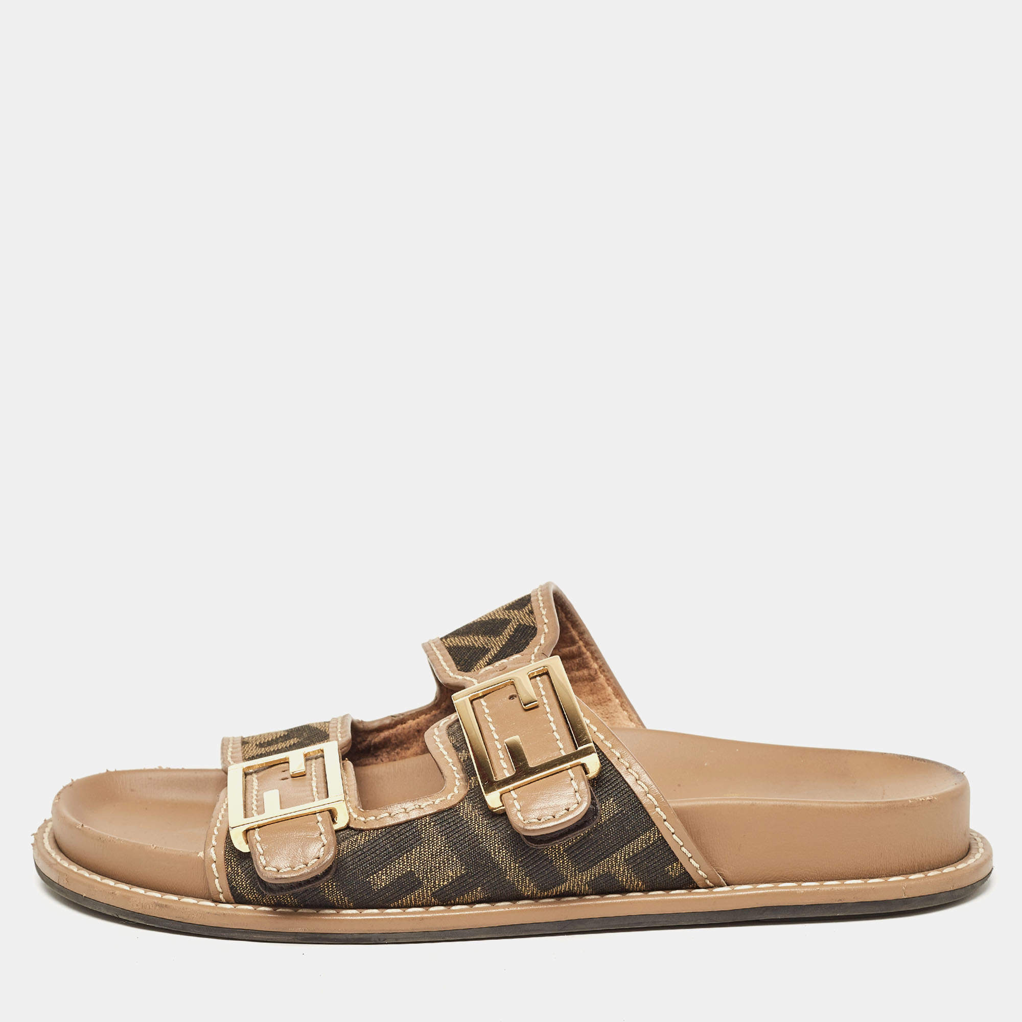 Pre Owned Fendi Brown Zucca Canvas and Leather FF Buckle Slides Size 36