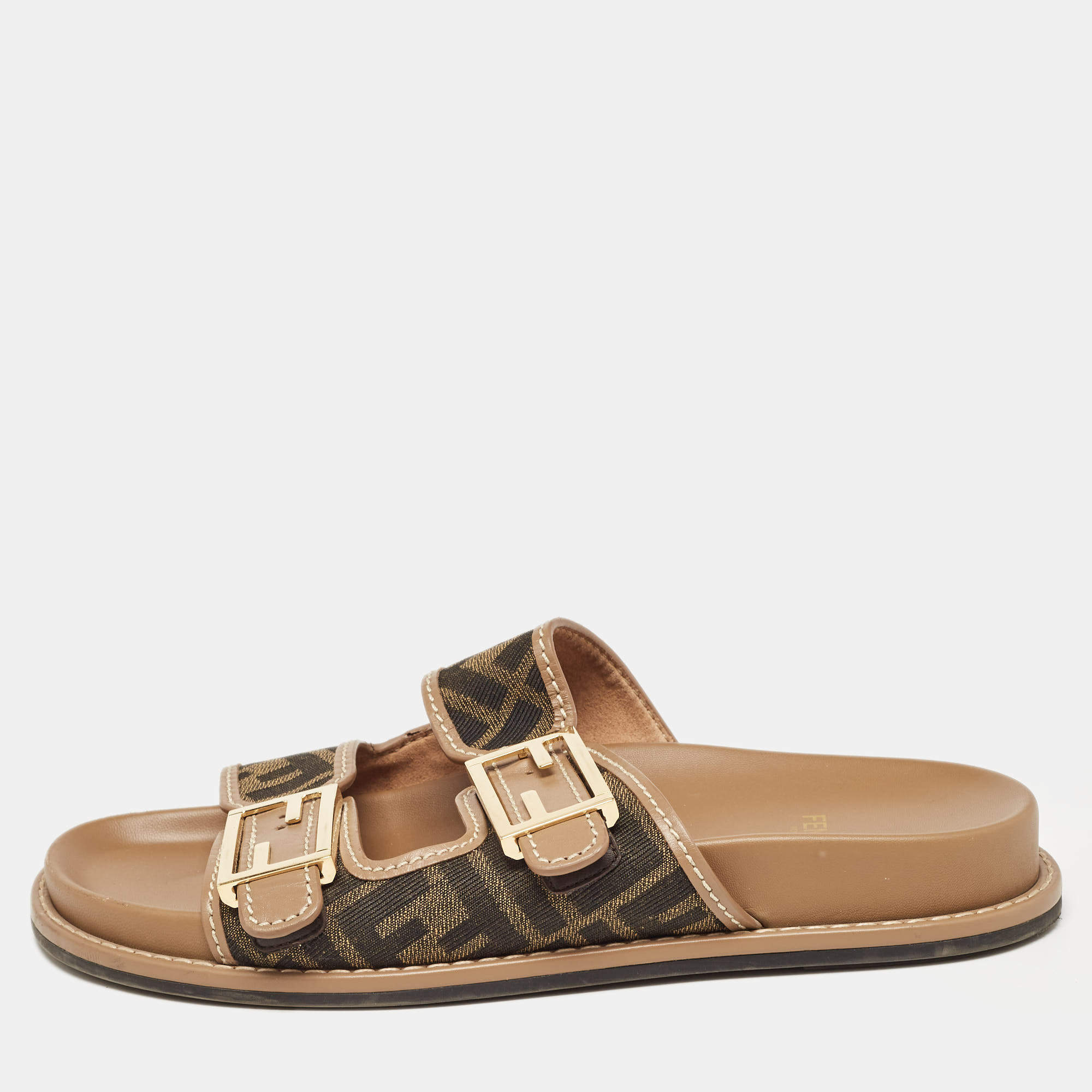 Fendi Brown Zucca Canvas and Leather Strap Flat Slides Size 39