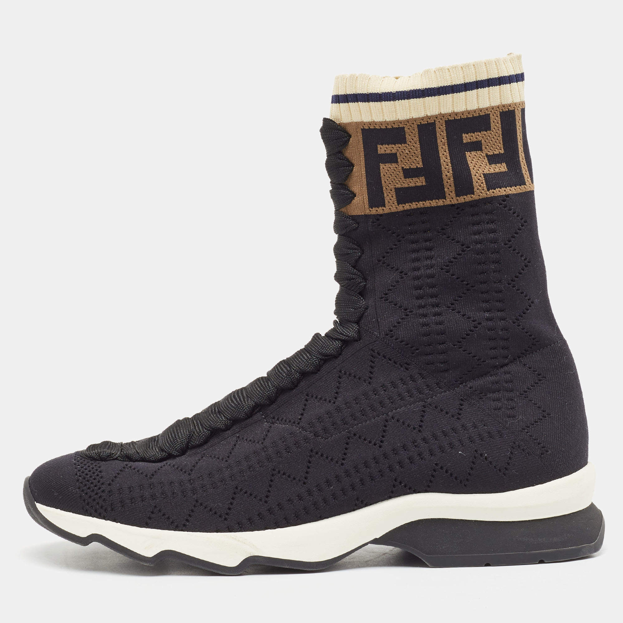 Fendi Black Knit Fabric Rockoko High Top Sneakers Size 38    
