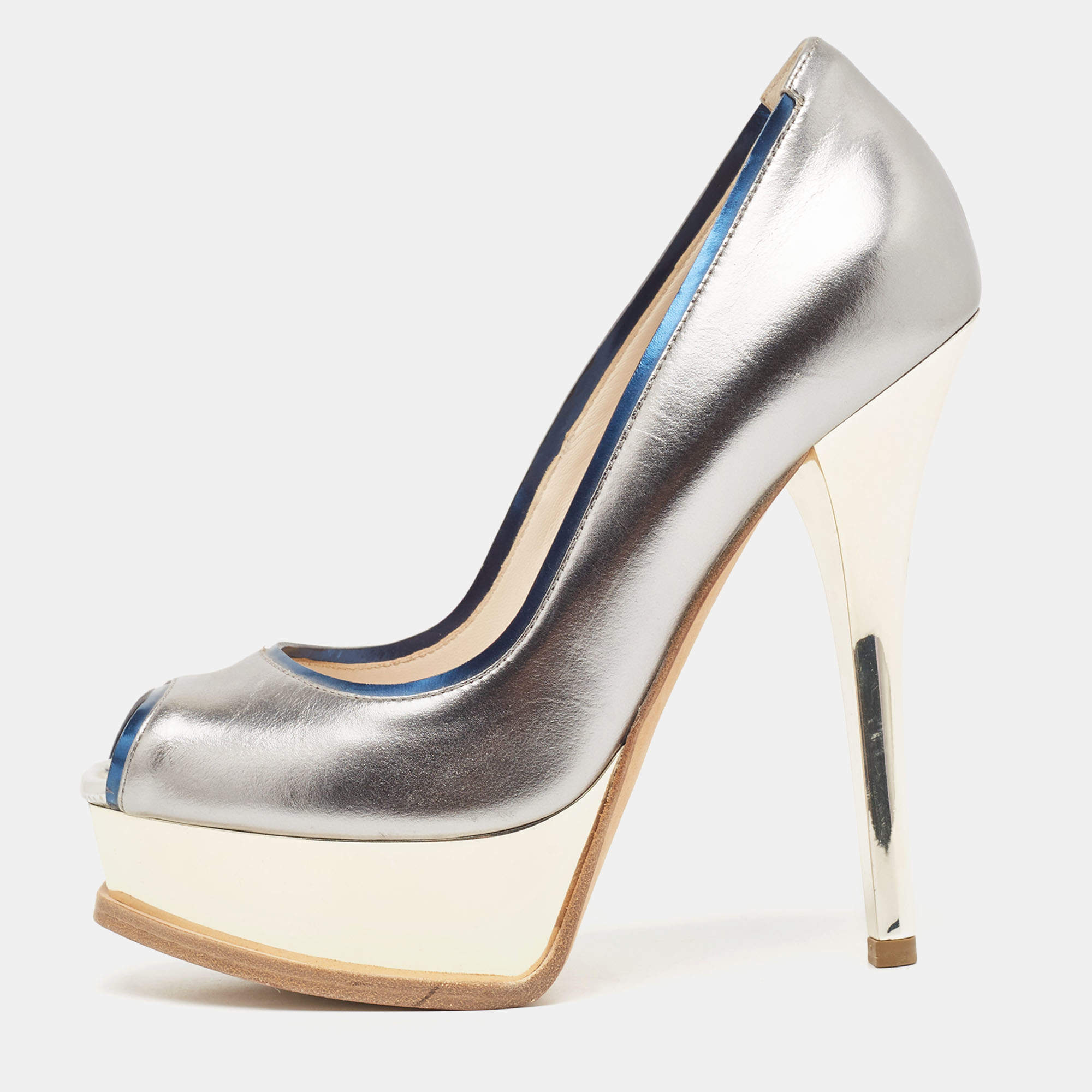 Pre Owned Fendi Metallic Leather Fendista Peep Toe Pumps Size 37.5