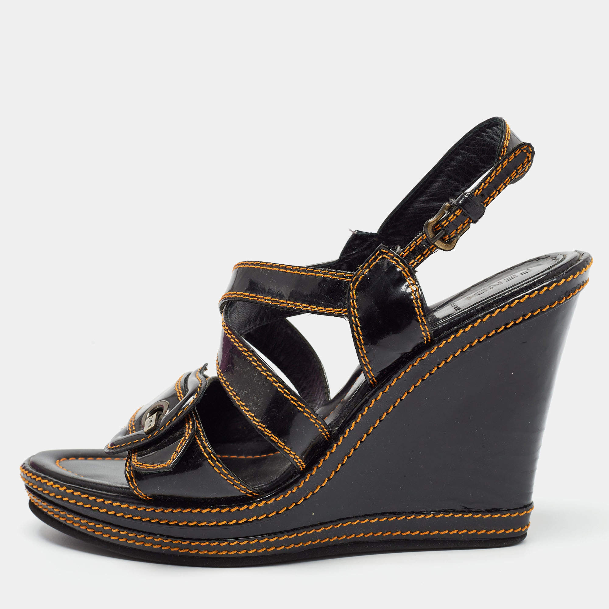 Fendi Black/Gold Patent Wedge Ankle Strap Sandals Size 40