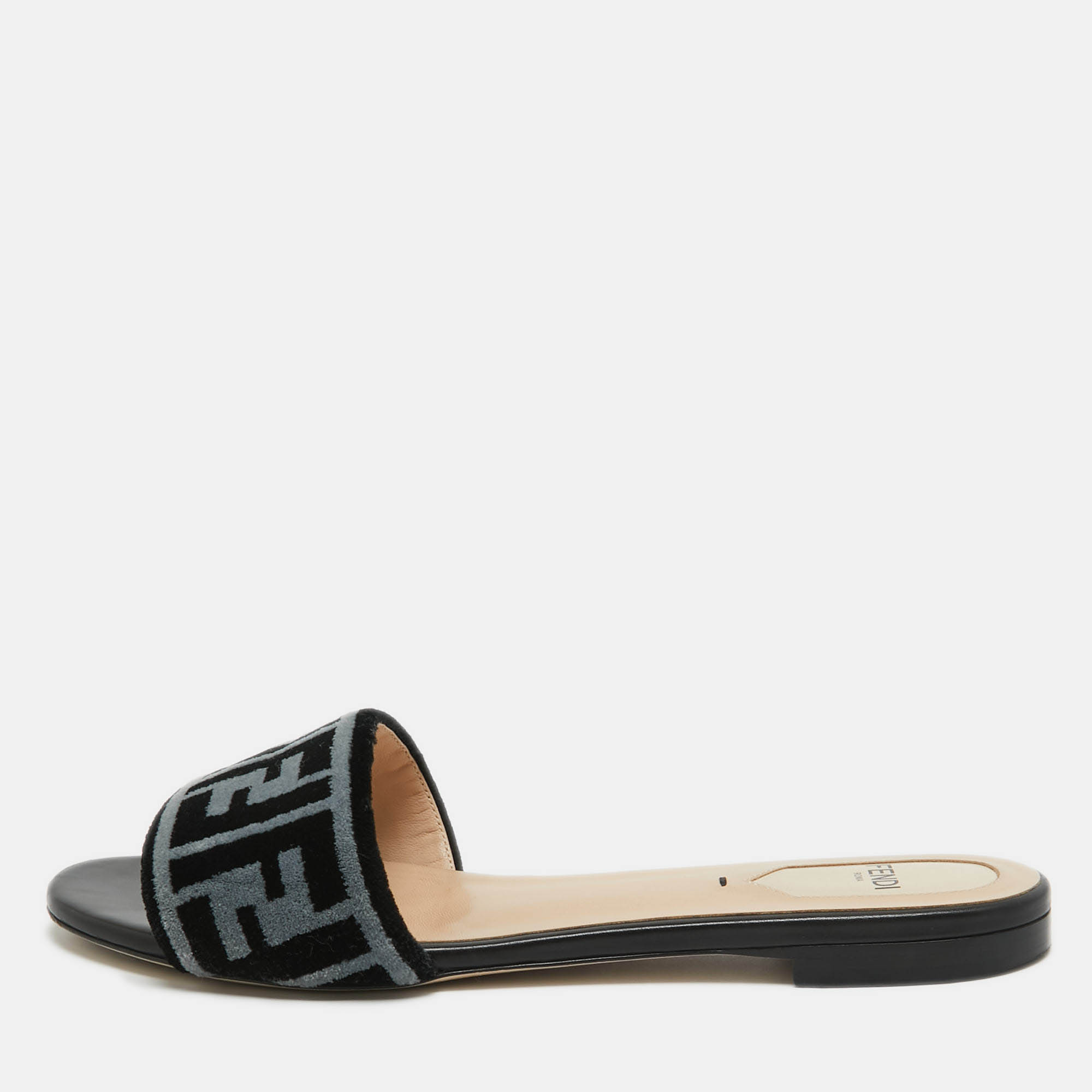 Pre Owned Fendi Blue/Black Zucca Velvet Flat Slides Size 37.5