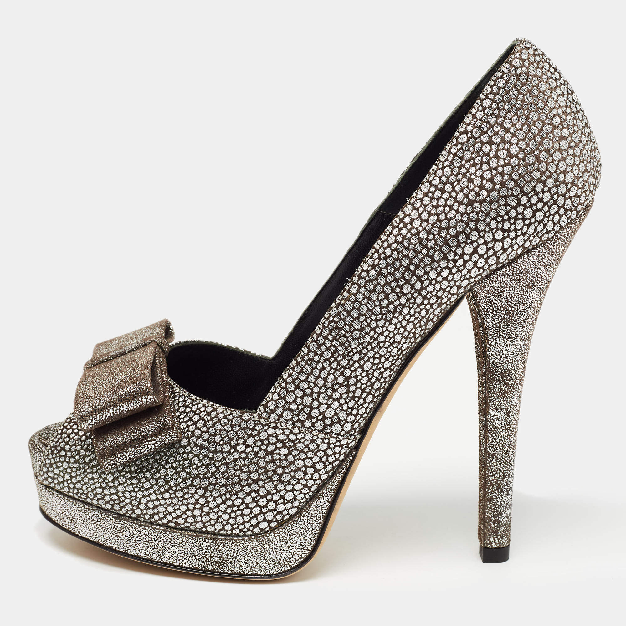 Fendi Silver/Grey Brocade Fabric and Suede Bow Open Toe Platform Pumps Size 40