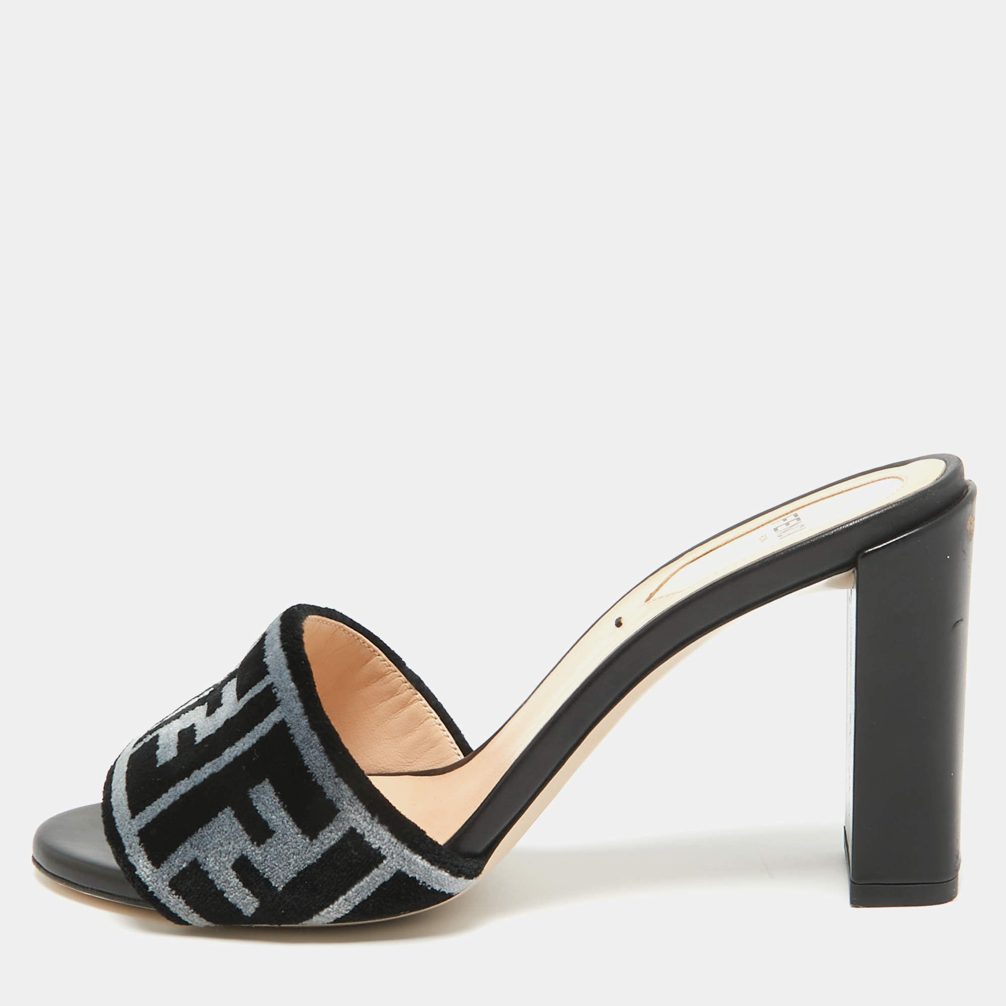 Pre Owned Fendi Black/Blue Zucca Velvet and Leather Slide Sandals Size 36