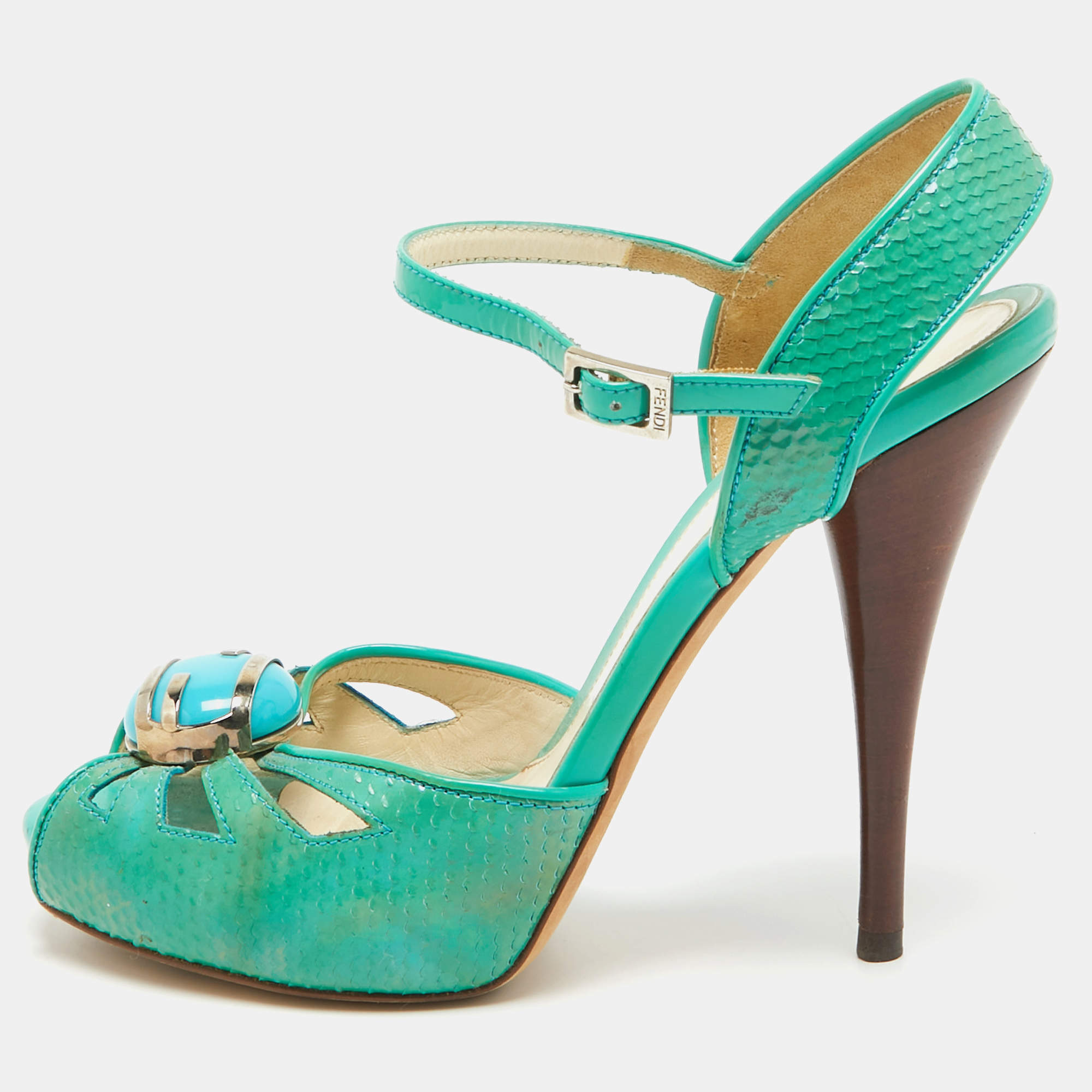 Fendi Turquoise Snake Embossed Slingback Platform Sandals Size 37