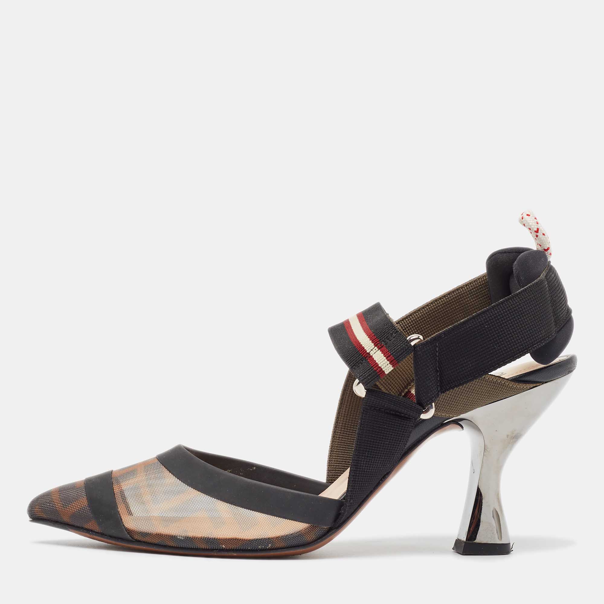 Pre Owned Fendi Brown/Black Mesh and Canvas Colibri  Pumps Size 36.5