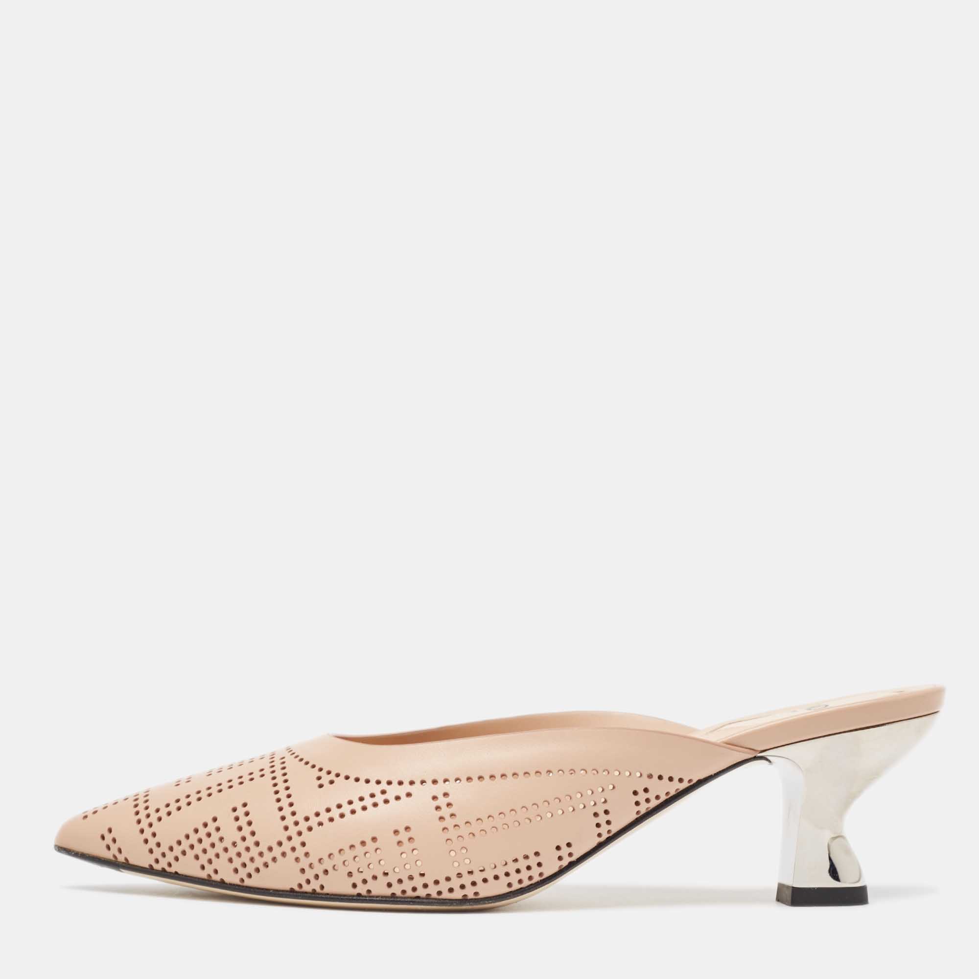 Pre Owned Fendi Beige Leather Perforated FF Mules Size 36