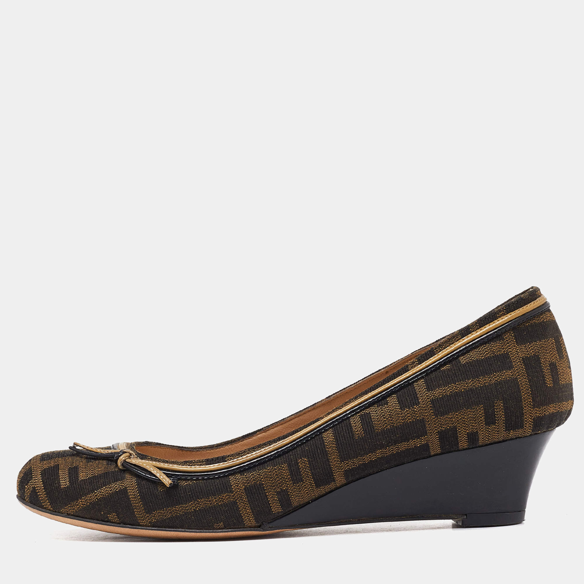 Fendi Brown Zucca Canvas and Leather Bow Wedge Pumps Size 38