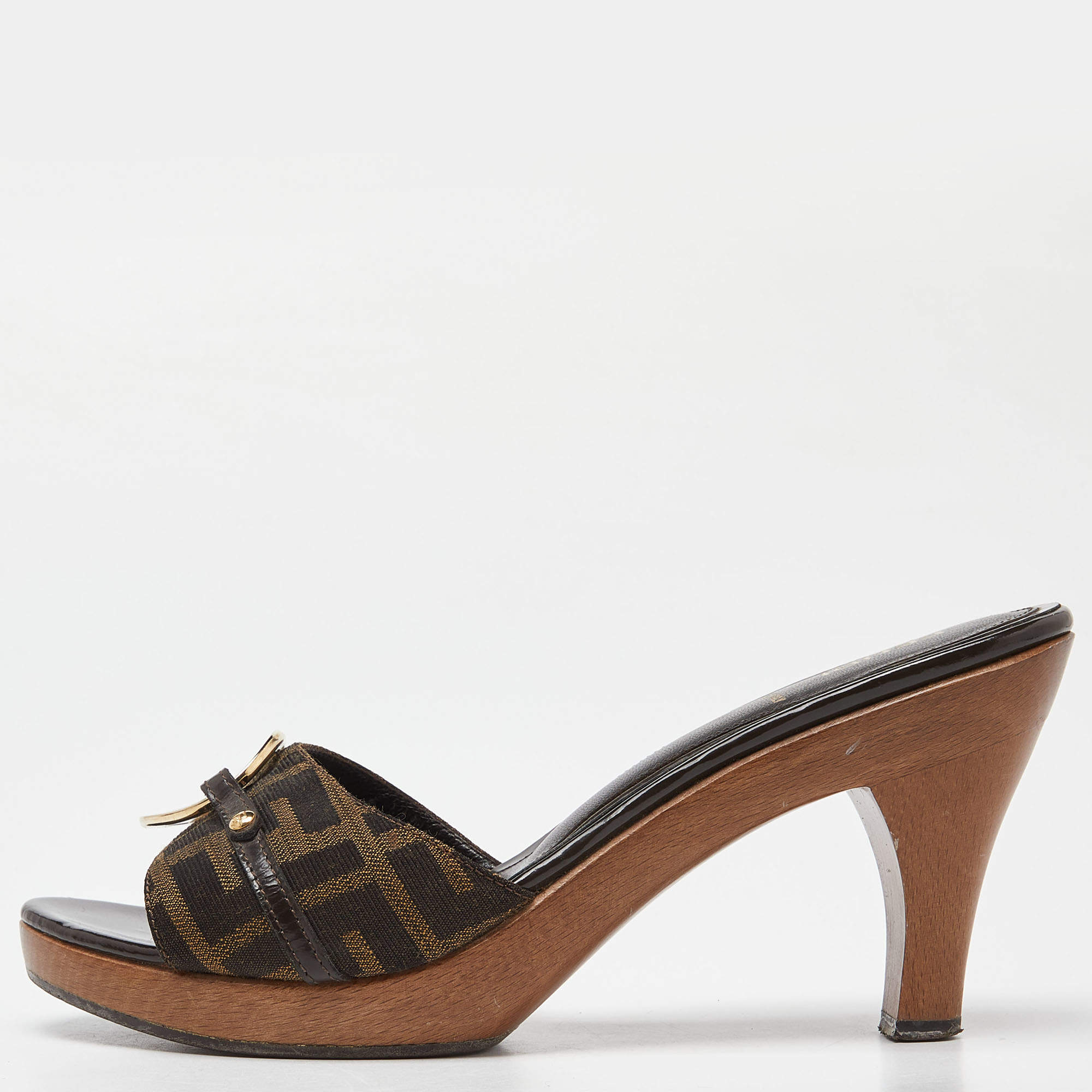 Pre Owned Fendi Brown Zucca Canvas and Leather Platform Open Toe Slide Sandals Size 38