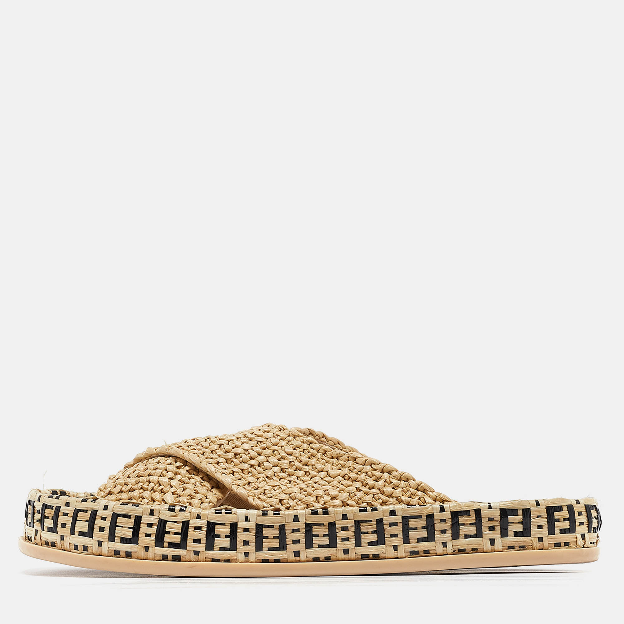 Pre Owned Fendi Beige Raffia Crisscross Flat Slides Size 36