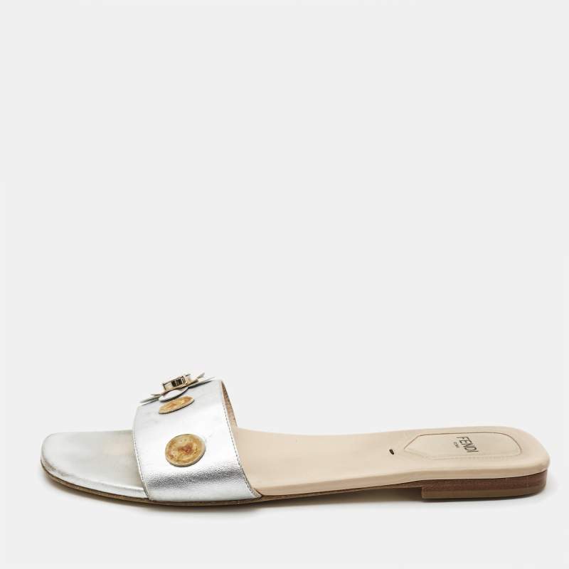 Fendi Silver Leather Flowerland Flat Slides Size 40.5