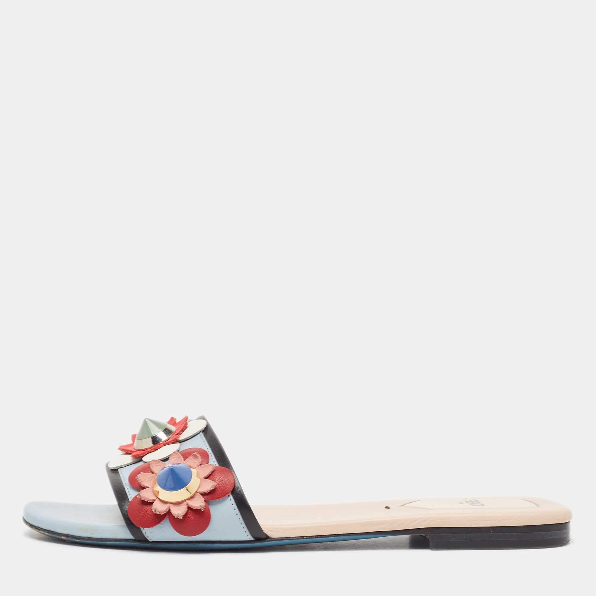 Fendi Blue Leather Flowerland Flat Slides Size 37