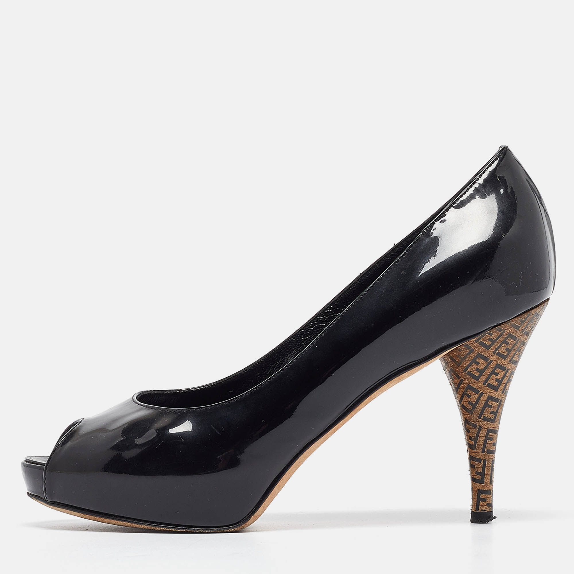 Pre Owned Fendi Black Patent Leather Zucca Heel Platform Pumps Size 35