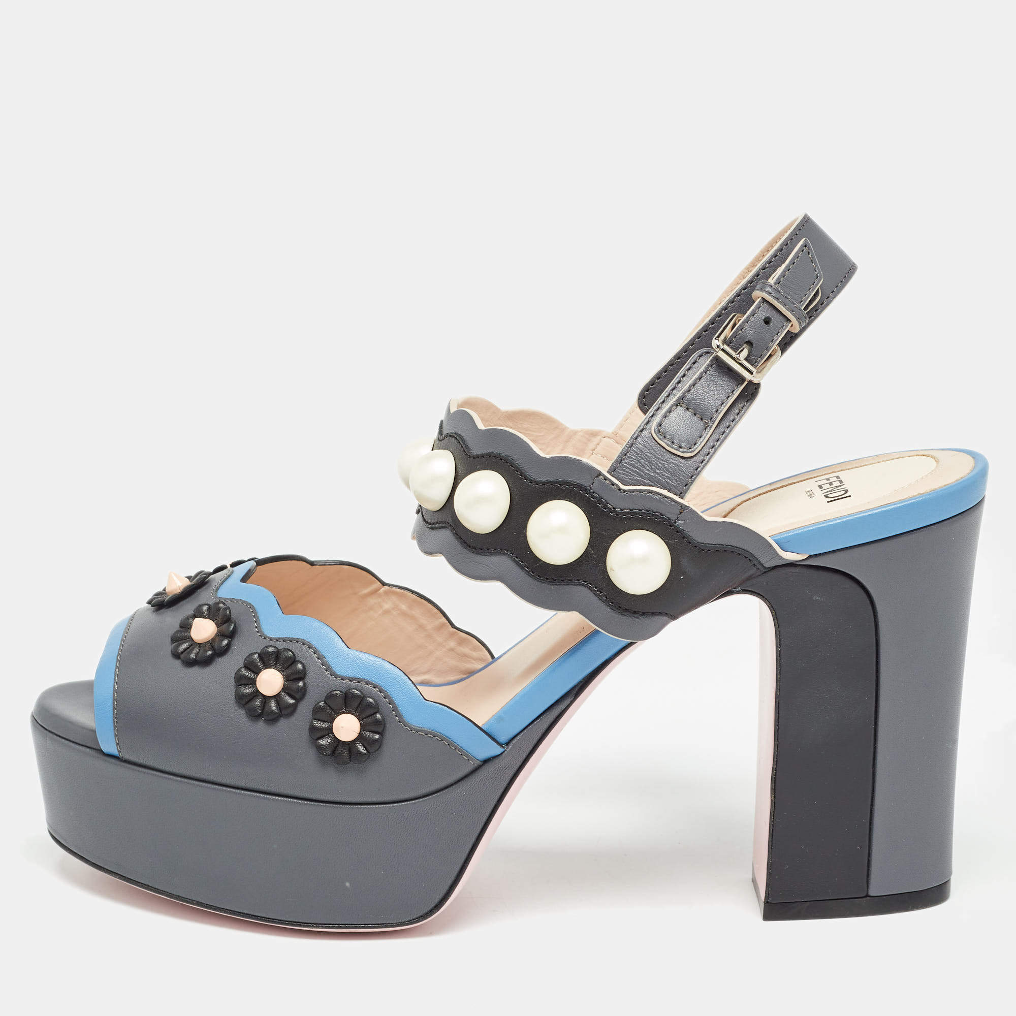 Pre Owned Fendi Grey/Blue Leather Faux Pearl Embellished Platform Sandals Size 40